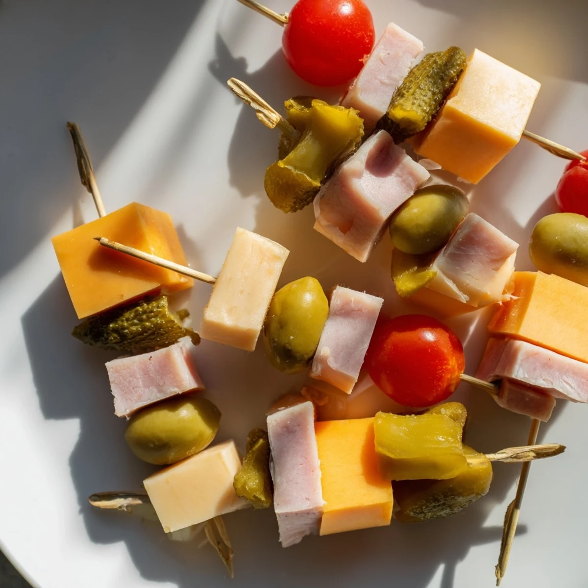Savory Skewers: Meat, Cheese, and Pickle Cube Skewers, a colorful, layered appetizer ready to enjoy.