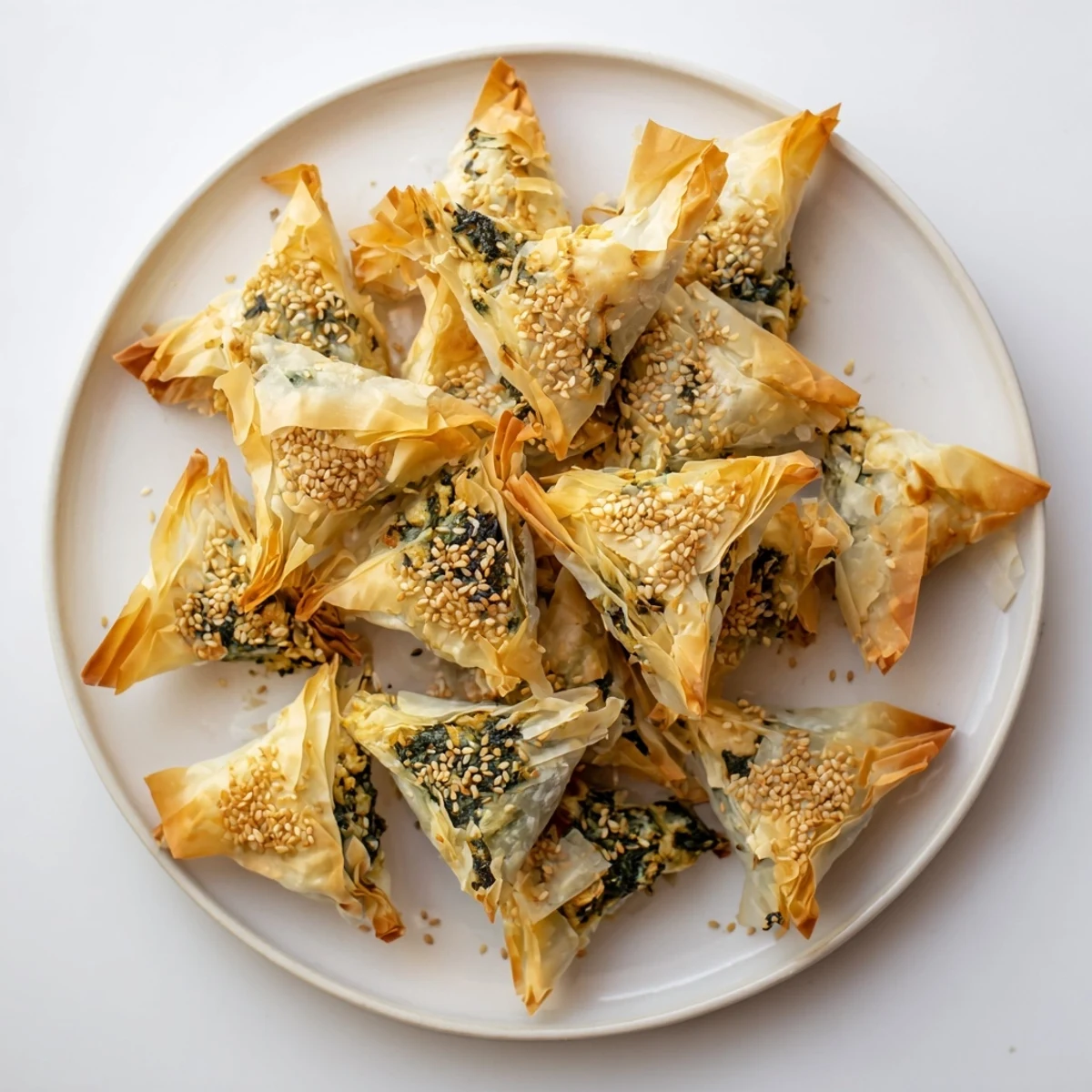 A close-up of the Mini Spanakopita Triangle Cluster showcasing the spinach and feta filling inside.