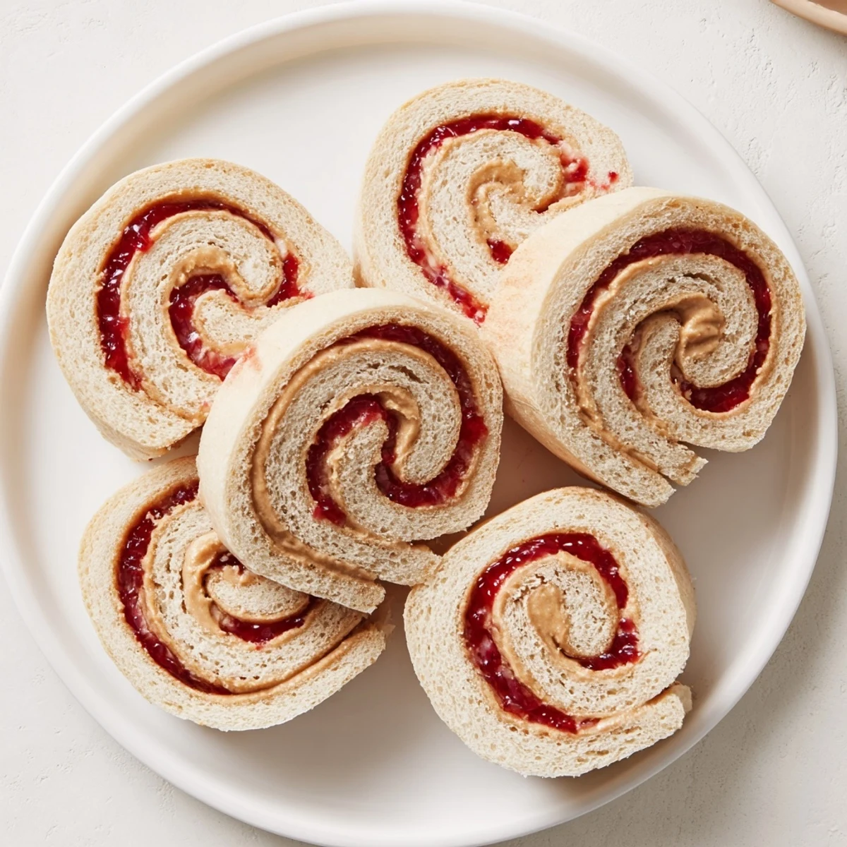 Quartered PB&J pinwheel rolls, showing a plate full of colorful, classic sandwiches ready to eat.