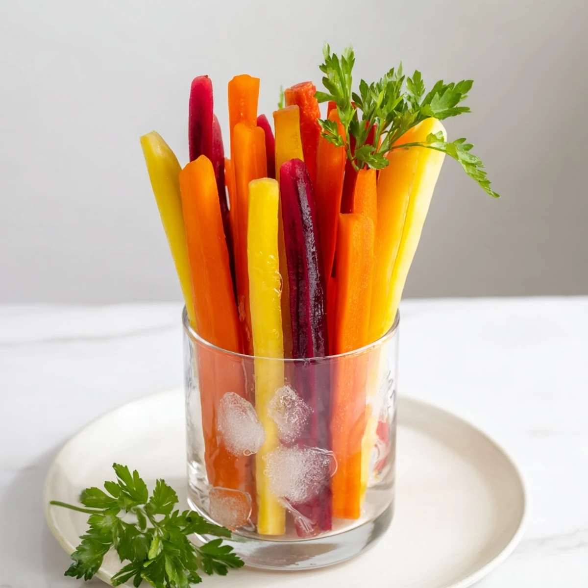 Simple Crudités: vibrant rainbow carrot sticks artfully arranged in elegant tall glasses, ready to serve.