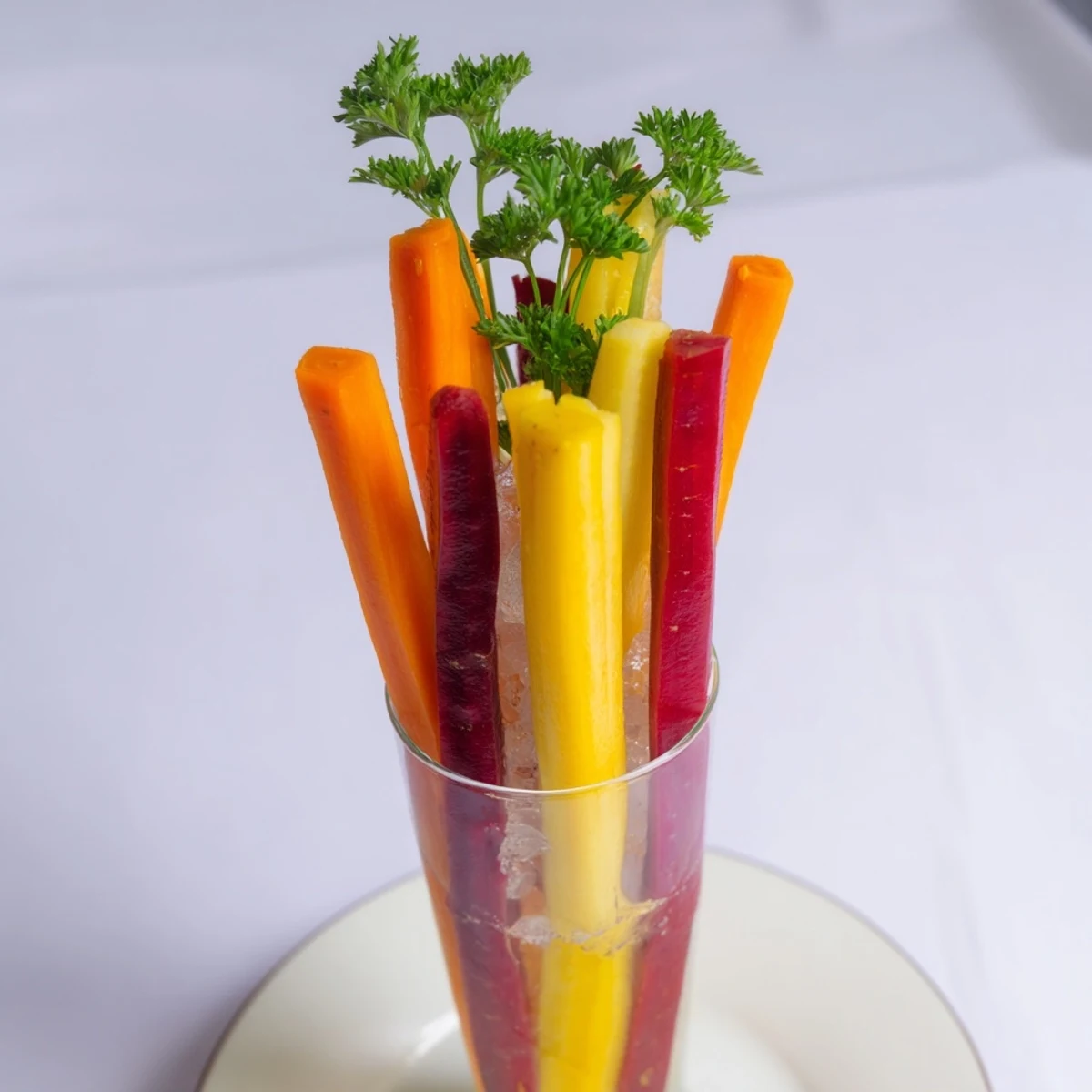 Chilled Simple Crudités offering a refreshing view: a collection of colorful carrot sticks, ideal as an appetizer.