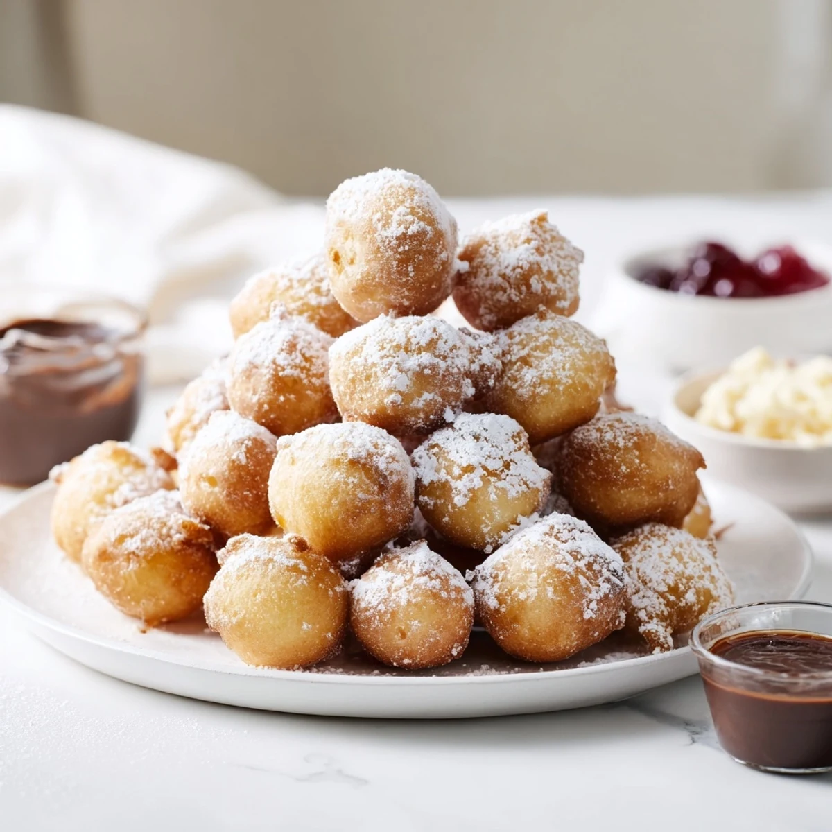 A fluffy powdered donut holes mountain, dusted in sugar, ready for dipping and enjoying.