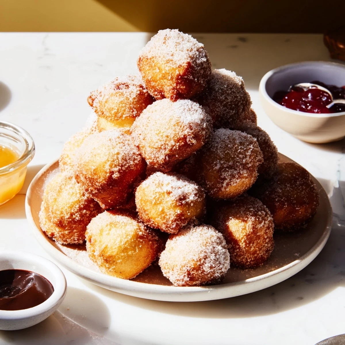 Golden-brown powdered donut holes showcased in a dramatic mountain, perfect for dessert enjoyment.