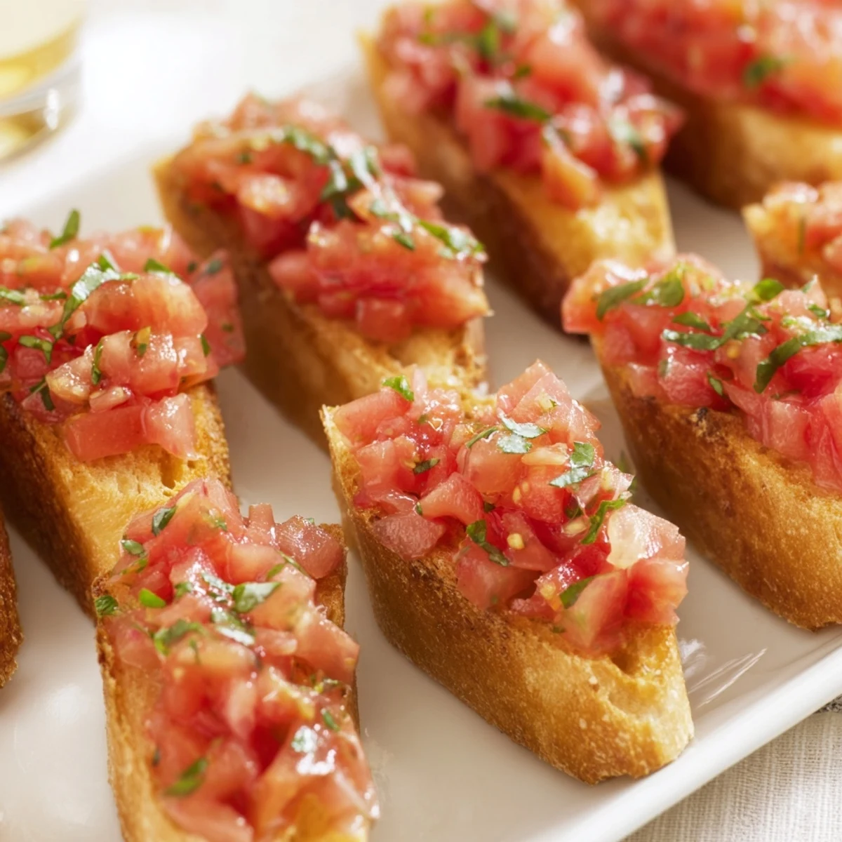 Crisp, golden Bruschetta Toasts arranged diagonally, showcasing vibrant tomatoes and fresh basil toppings.
