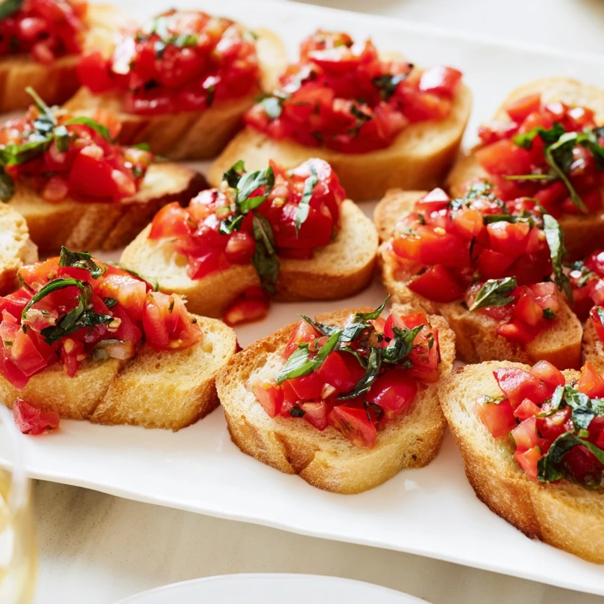 A beautiful diagonal display of Bruschetta Toasts, showcasing their fresh vibrant ingredients and simplicity.