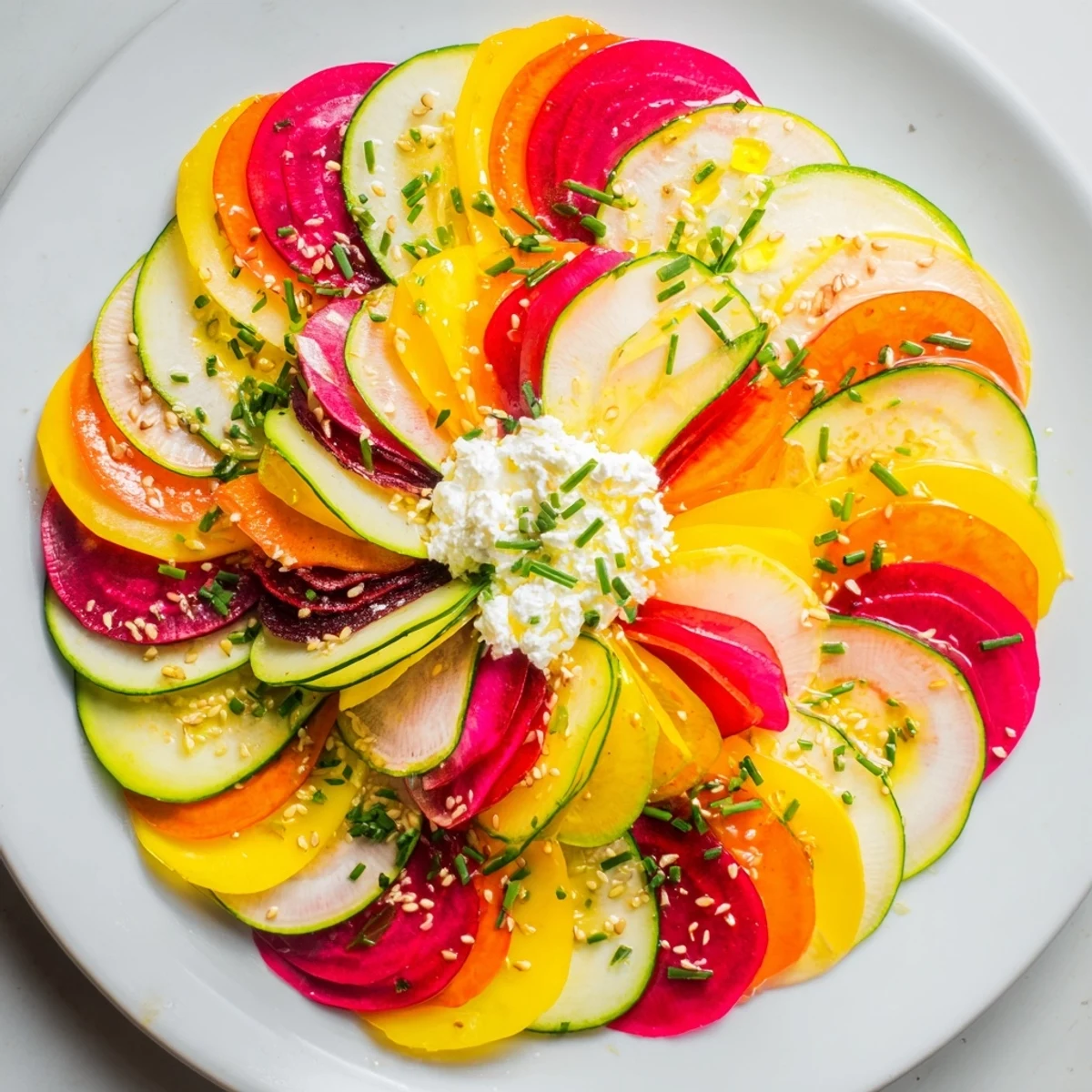 Beautiful Radial Symmetry Sunburst salad, with vibrant, thinly sliced vegetables radiating from the creamy cheese center.