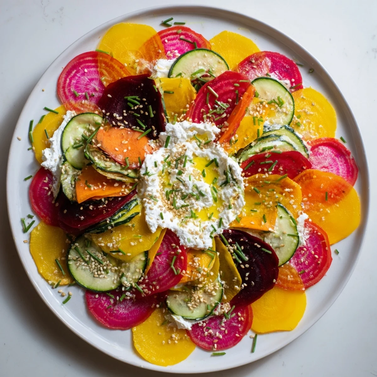 This elegant Radial Symmetry Sunburst showcases colorful beets and squash, arranged artfully for a vegetarian appetizer.