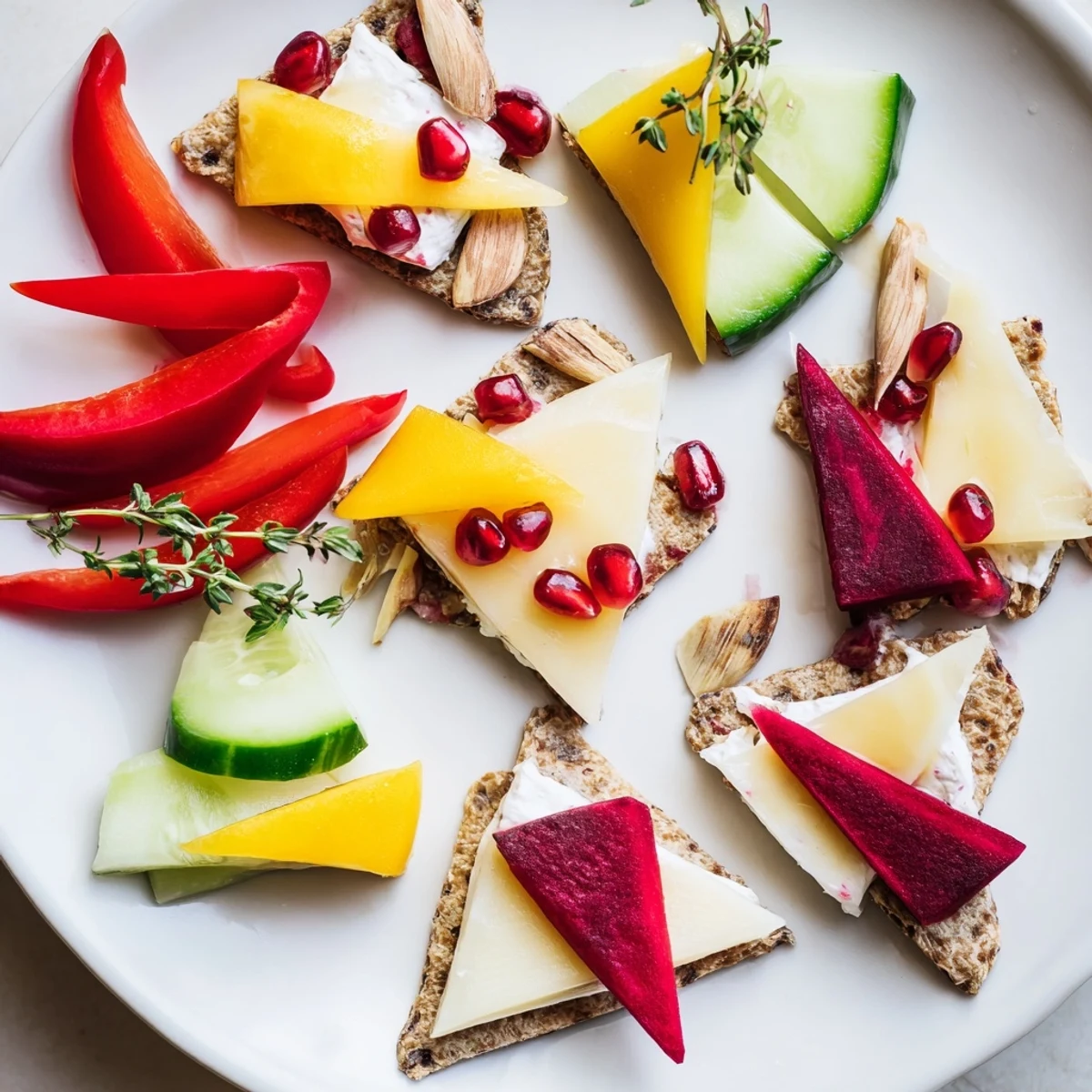 Vibrant close-up of The Tessellation Triangle, an elegant appetizer board with cheeses, fruits, and veggies on display.