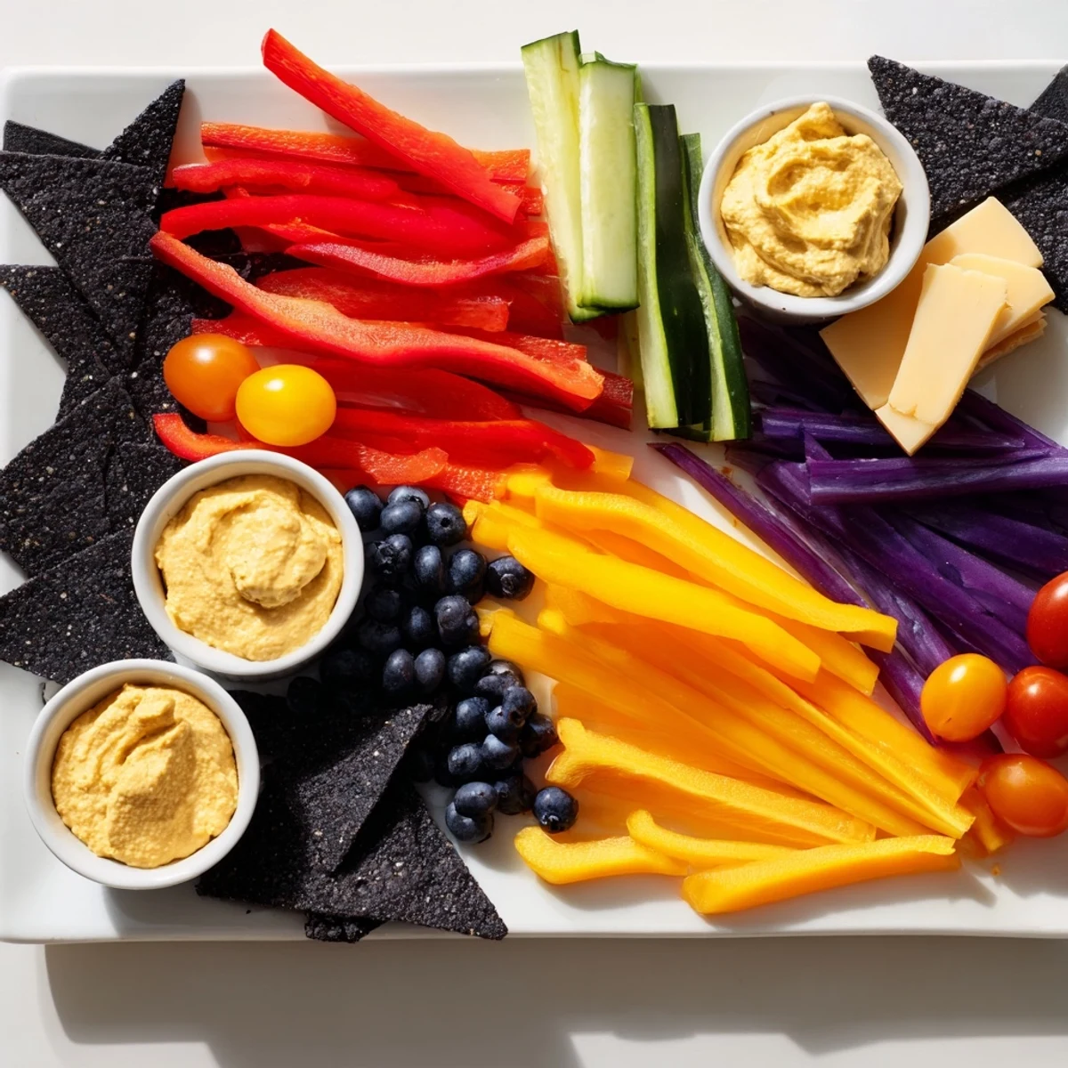 Zig-Zag Lightning Strike appetizer platter with vibrant veggies, cheeses, and dips, ready to serve.