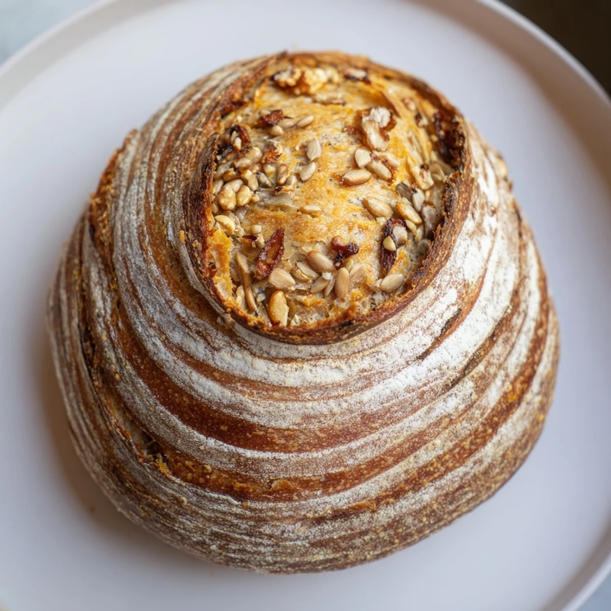 Golden, crusty Fibonacci Spiral Growth Bread, showcasing a delicious spiral design and textures.