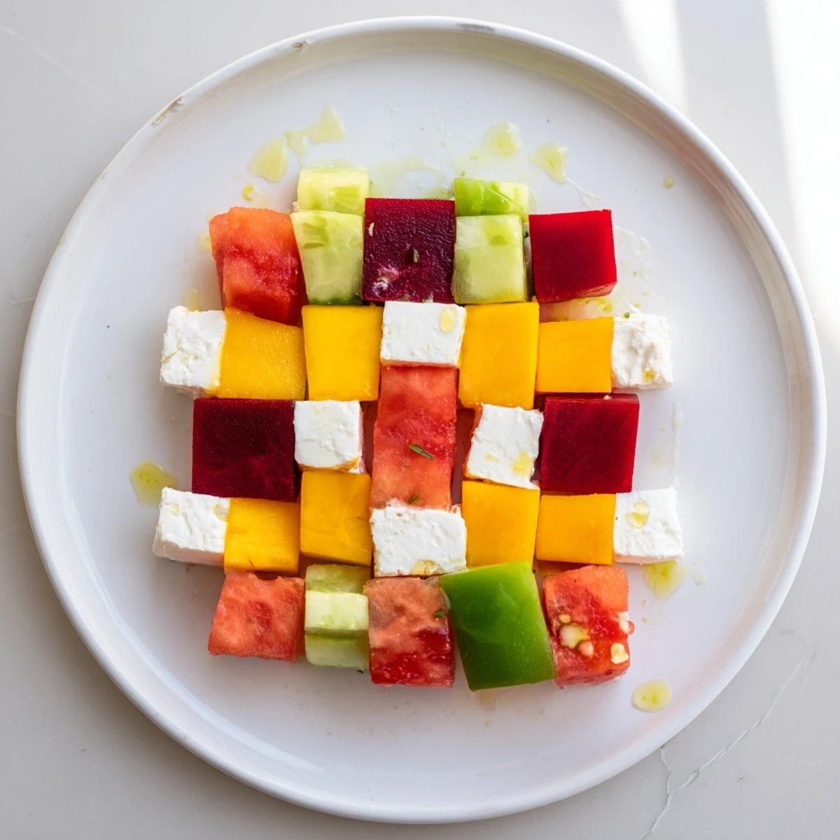This artful Cube Geometry Study showcases perfectly cubed ingredients arranged on a serving plate.