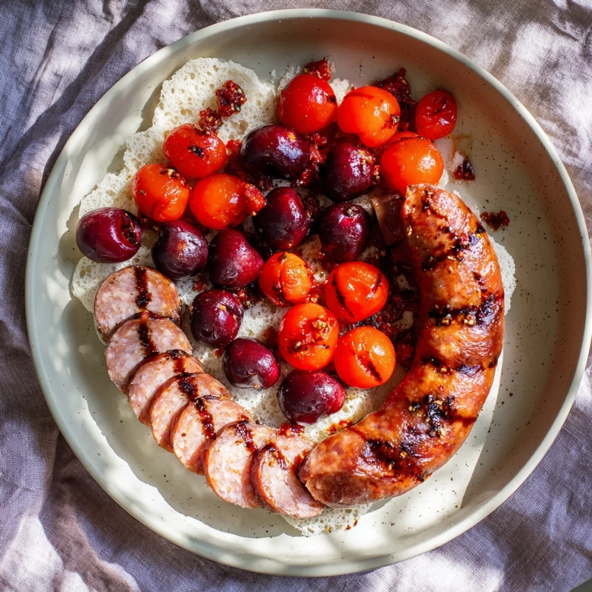 The Crimson Tide appetizer: an artful presentation of chorizo, cherries, and red peppers on crackers.