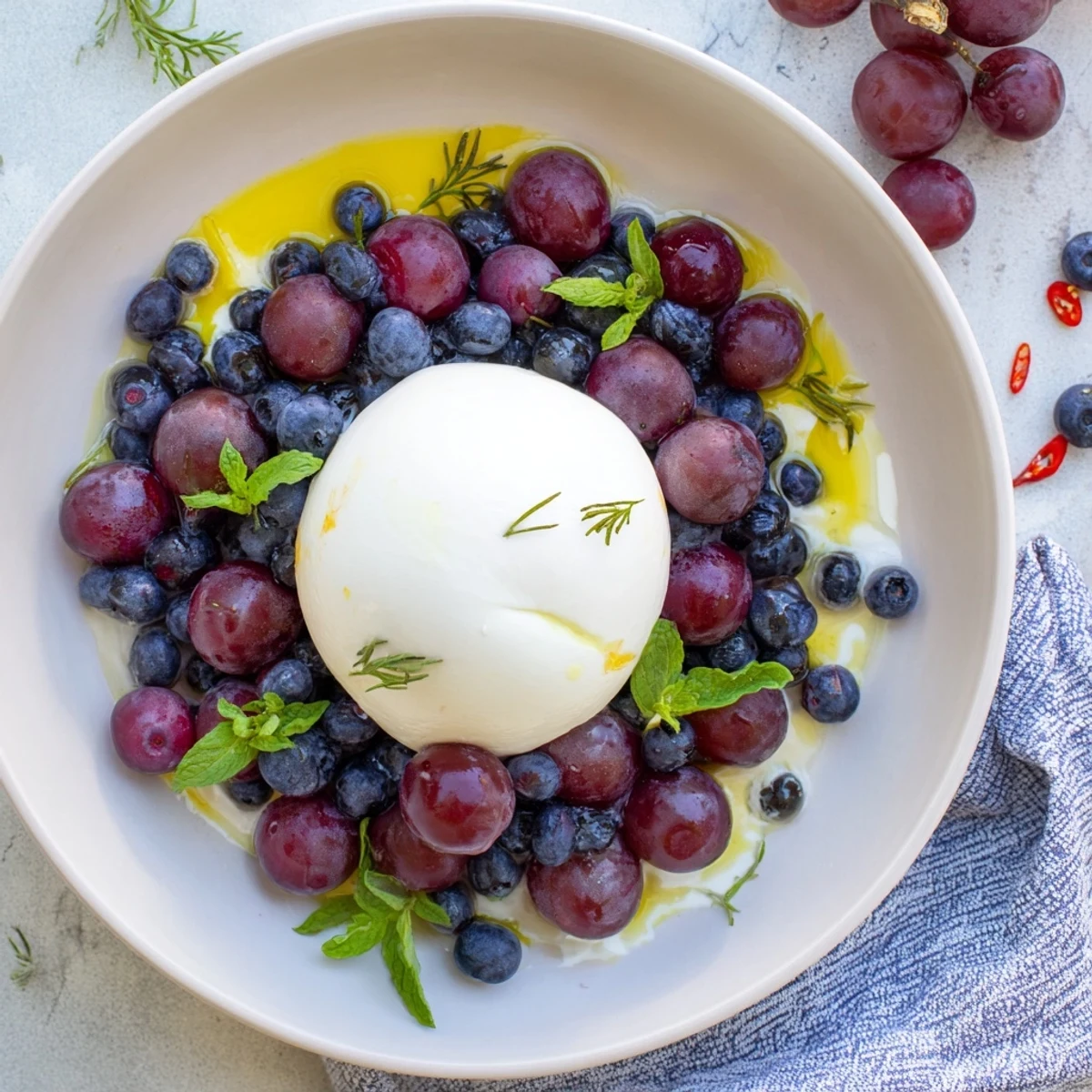 Vibrant photo of the Moonlit Lagoon, a summer salad with juicy grapes and basil over creamy burrata.