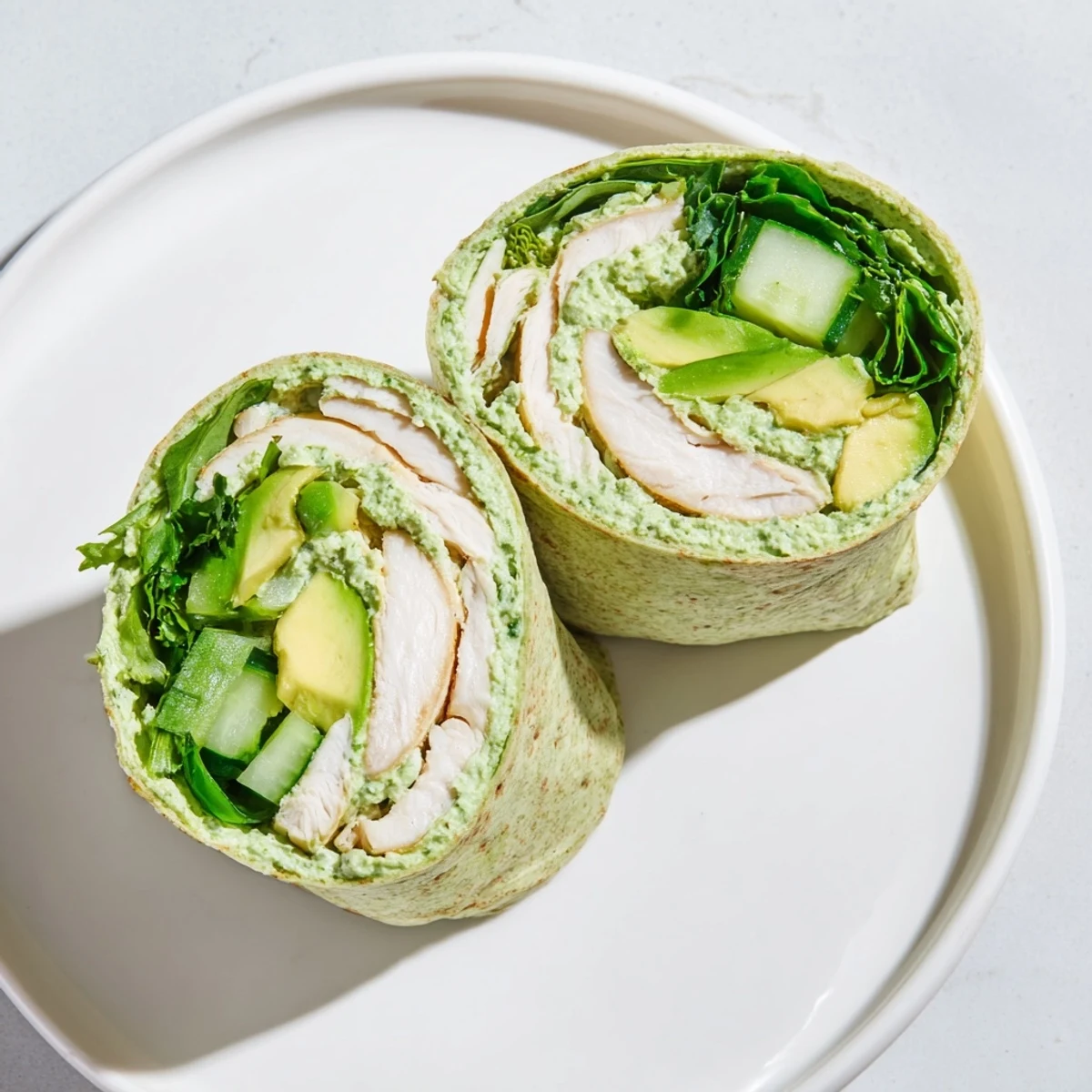 Vivid green Green Goddess Wellness Wrap shows a healthy meal, ready for enjoyment with fresh herbs inside.