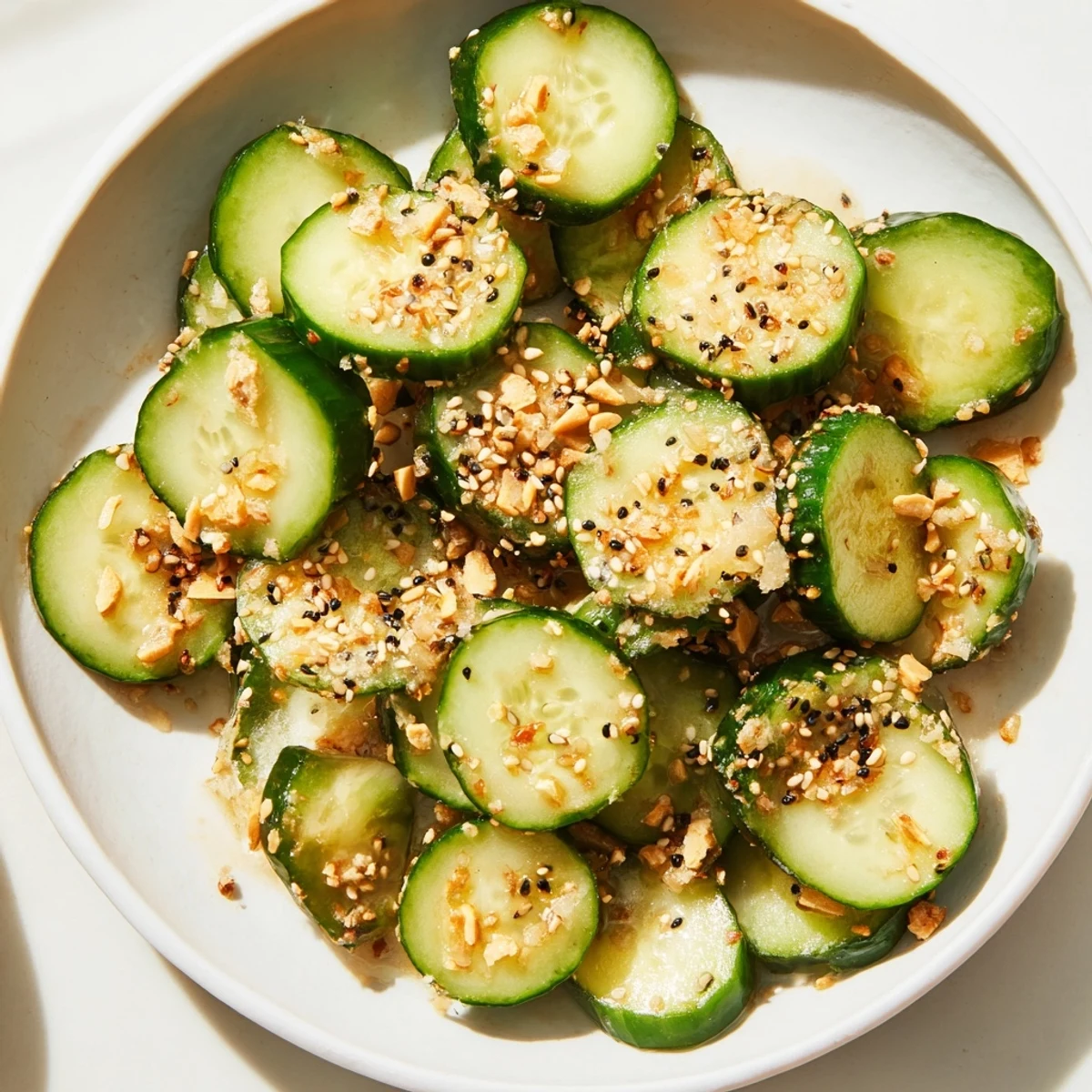 Close-up of a refreshing Cucumber Shaker with everything bagel seasoning, coated and ready in minutes!