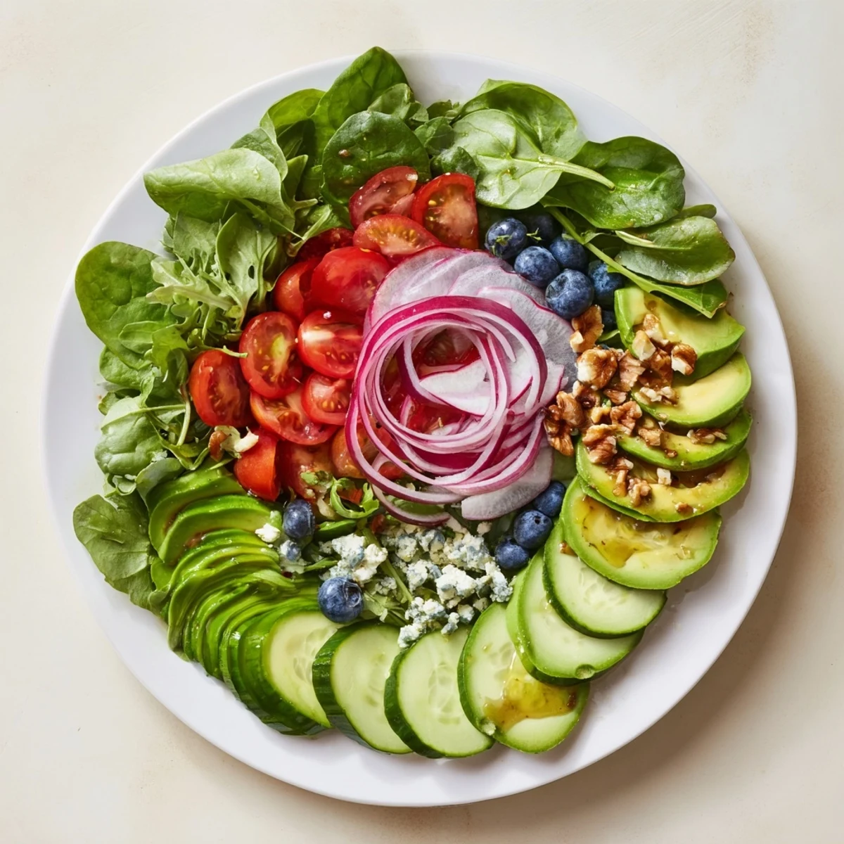 The Fibonacci Fan Salad, a vibrant, layered salad with fresh greens and berries artfully arranged.