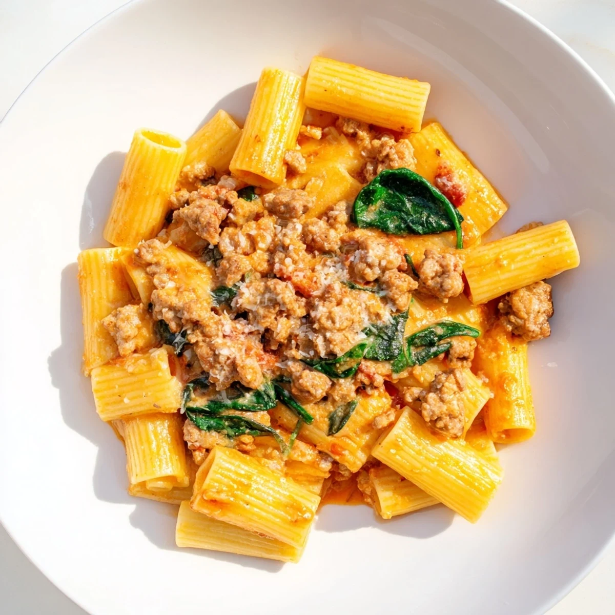 A close-up of a steaming bowl of One-Pot Italian Sausage Tomato Pasta, garnished with fresh Parmesan.
