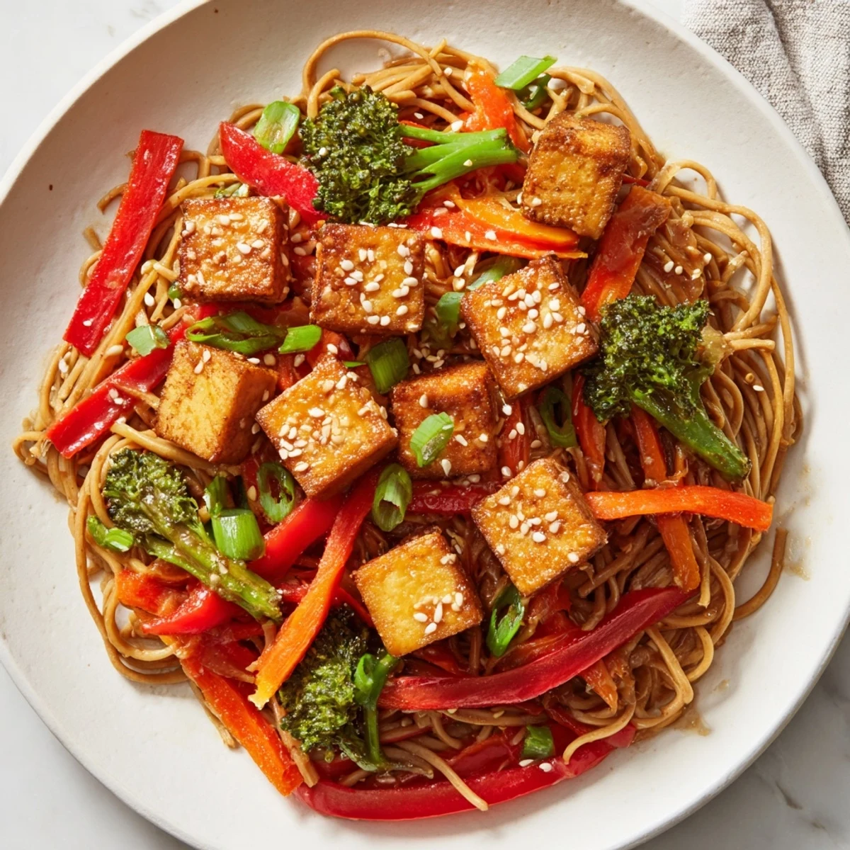 Golden, crispy tofu in a delicious Sesame Ginger Tofu Stir-Fry with colorful vegetables and noodles.