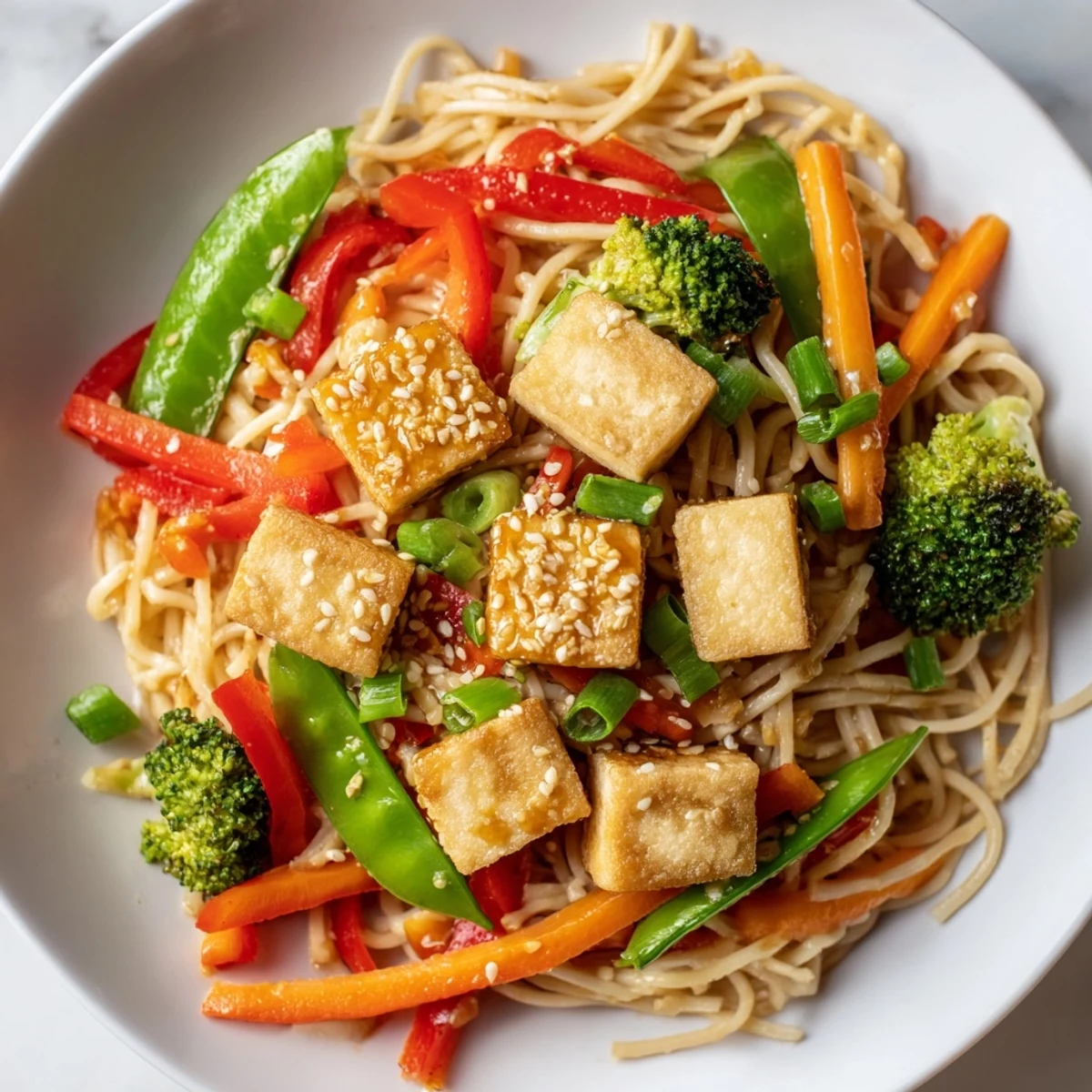A steaming bowl of Sesame Ginger Tofu Stir-Fry: fragrant sauce coating noodles, veggies, and tofu.