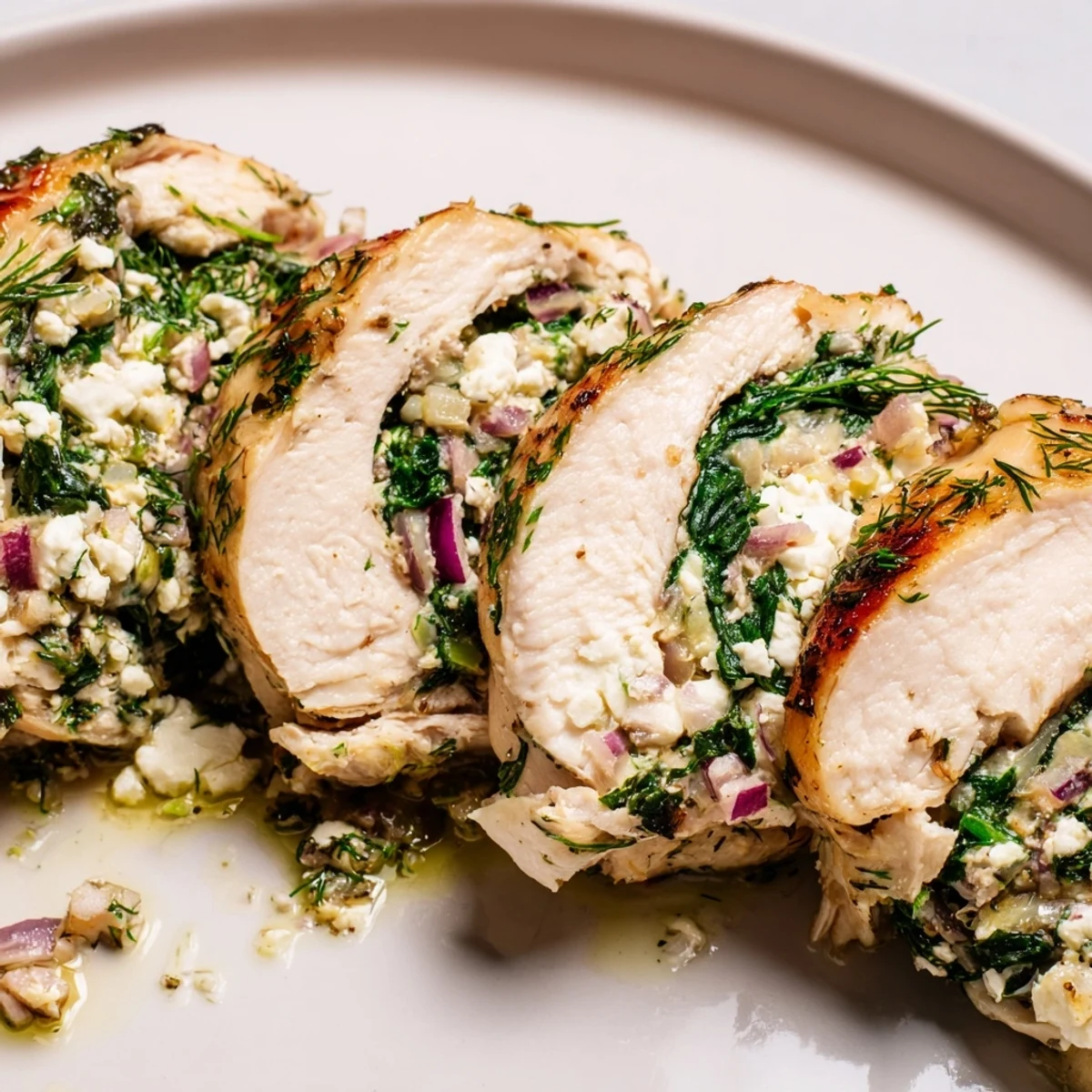 Perfectly cooked Spinach Feta Stuffed Chicken, oozing with a delicious spinach-feta filling, is ready to serve.