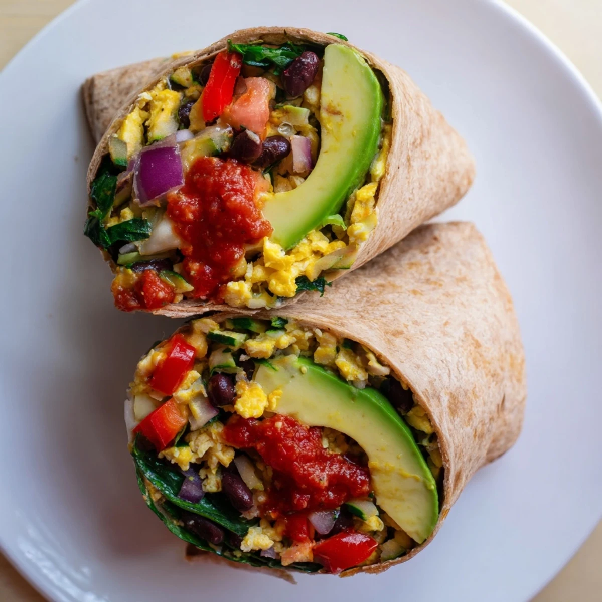 A colorful veggie-loaded breakfast burrito, bursting with eggs, avocado, and fresh cilantro, ready to eat.
