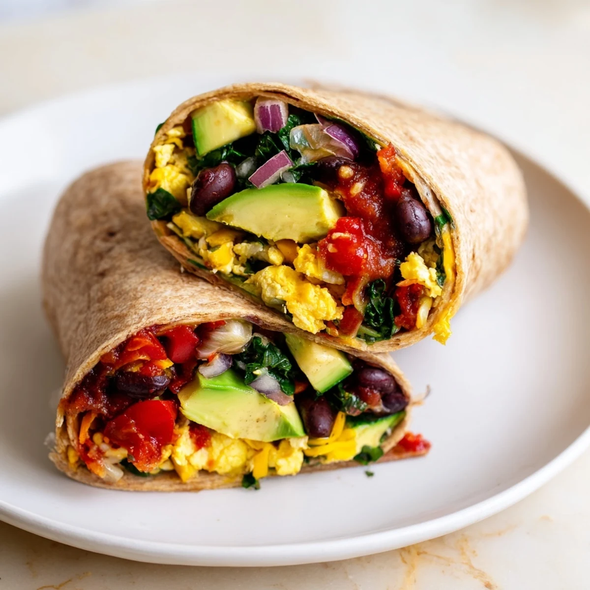 Delicious golden-brown Veggie-Loaded Breakfast Burrito, filled with scrambled eggs and colorful vegetables, plated and served.