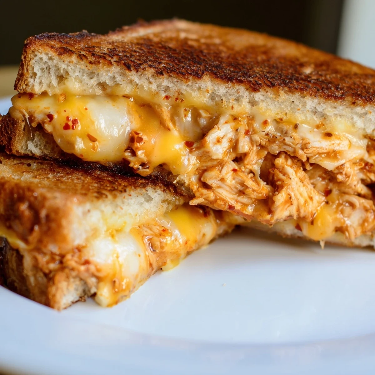 Golden crust on cheesy Chili Crisp Honey Chicken Grilled Cheese, a delicious sandwich.