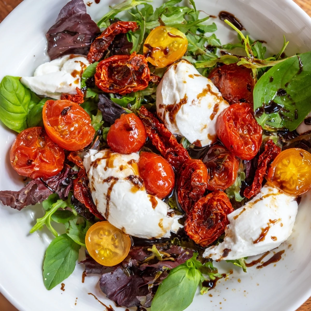 This Tomato Flight Salad shows a colorful mix of tomatoes, with creamy burrata ready to enjoy as a light meal.