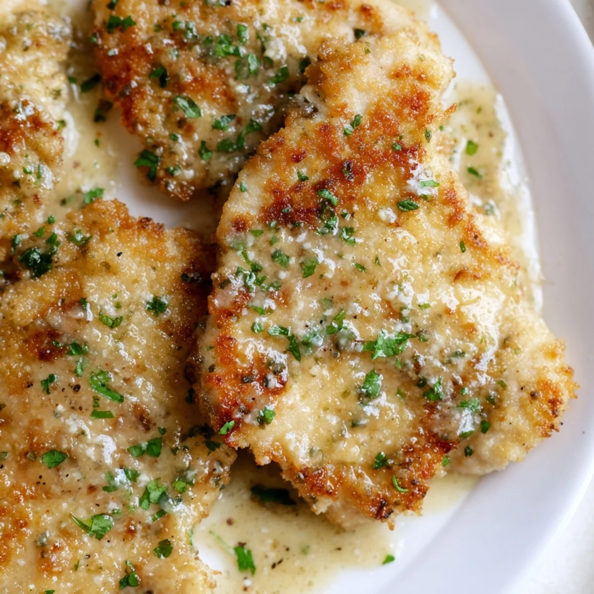 Plate of homemade crispy chicken with garlic cream sauce, garnished with parsley, a delicious family meal.