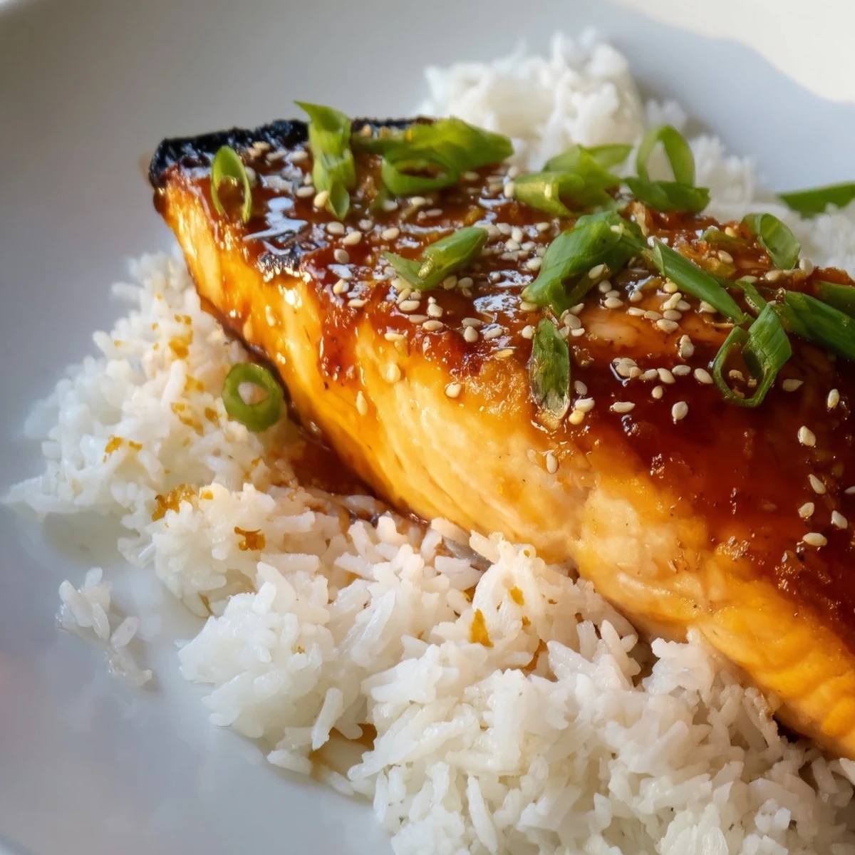 A close-up of the flavorful sticky orange salmon with a vibrant gochujang orange glaze ready to enjoy.