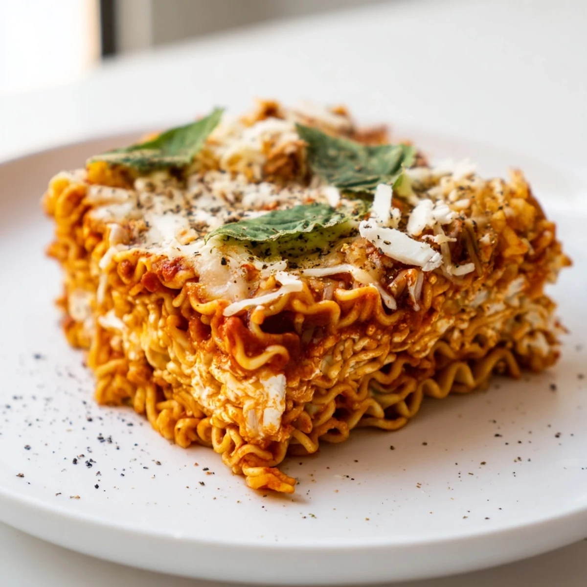 Golden, bubbling Ramen Lasagna with melted mozzarella and a hint of fresh basil for garnish.