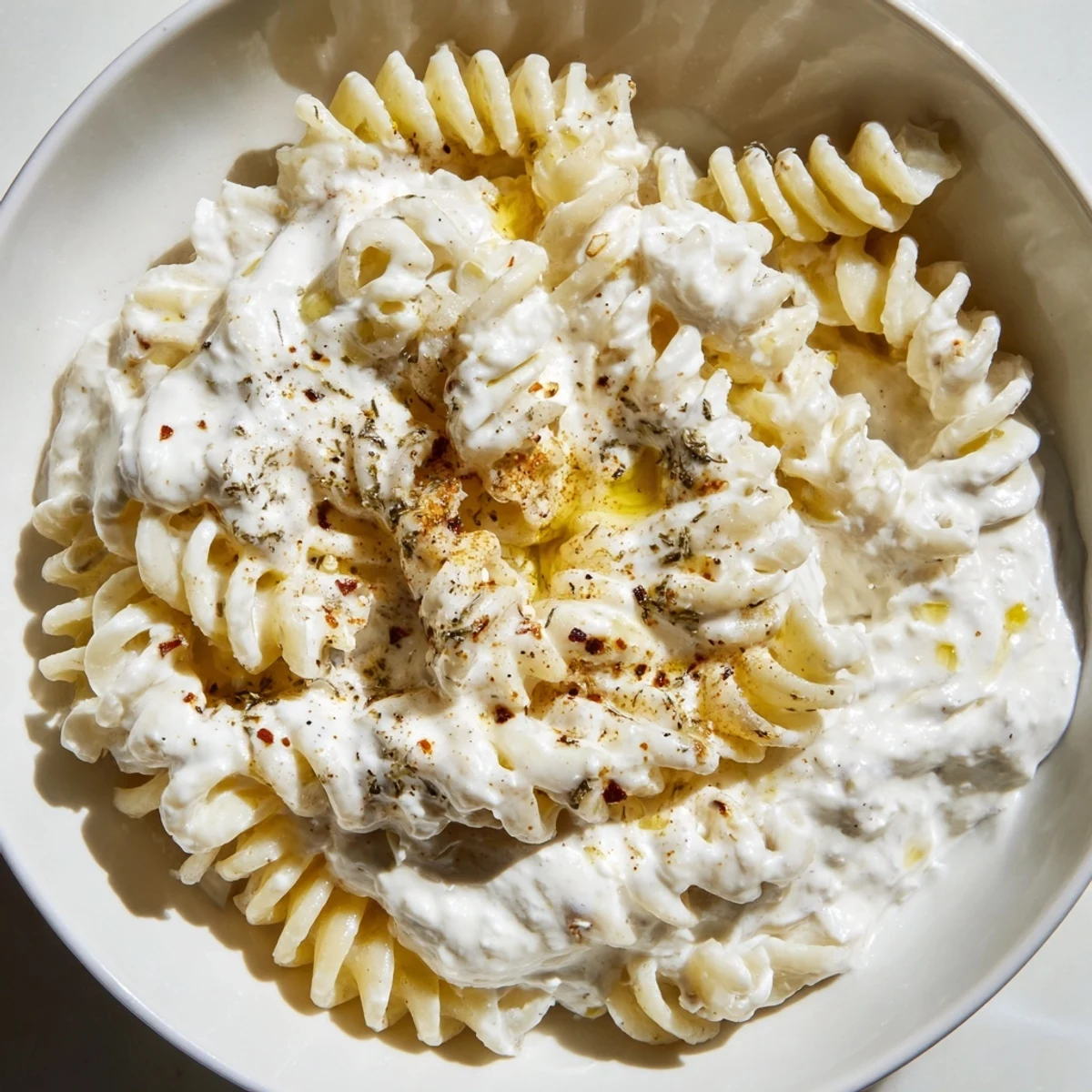 A steaming bowl of Turkish Yogurt Pasta, swirled with creamy yogurt and fragrant spiced butter.