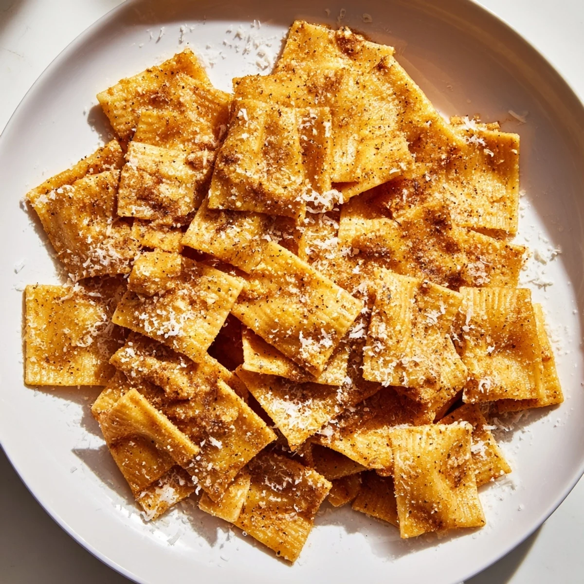 Air-fried pasta chips, beautifully browned and seasoned, offer a satisfying crunch and savory flavors.