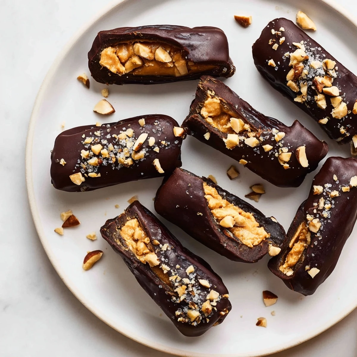 Easy-to-make, visually stunning Chocolate Date Snickers with rich chocolate and a creamy peanut butter filling.