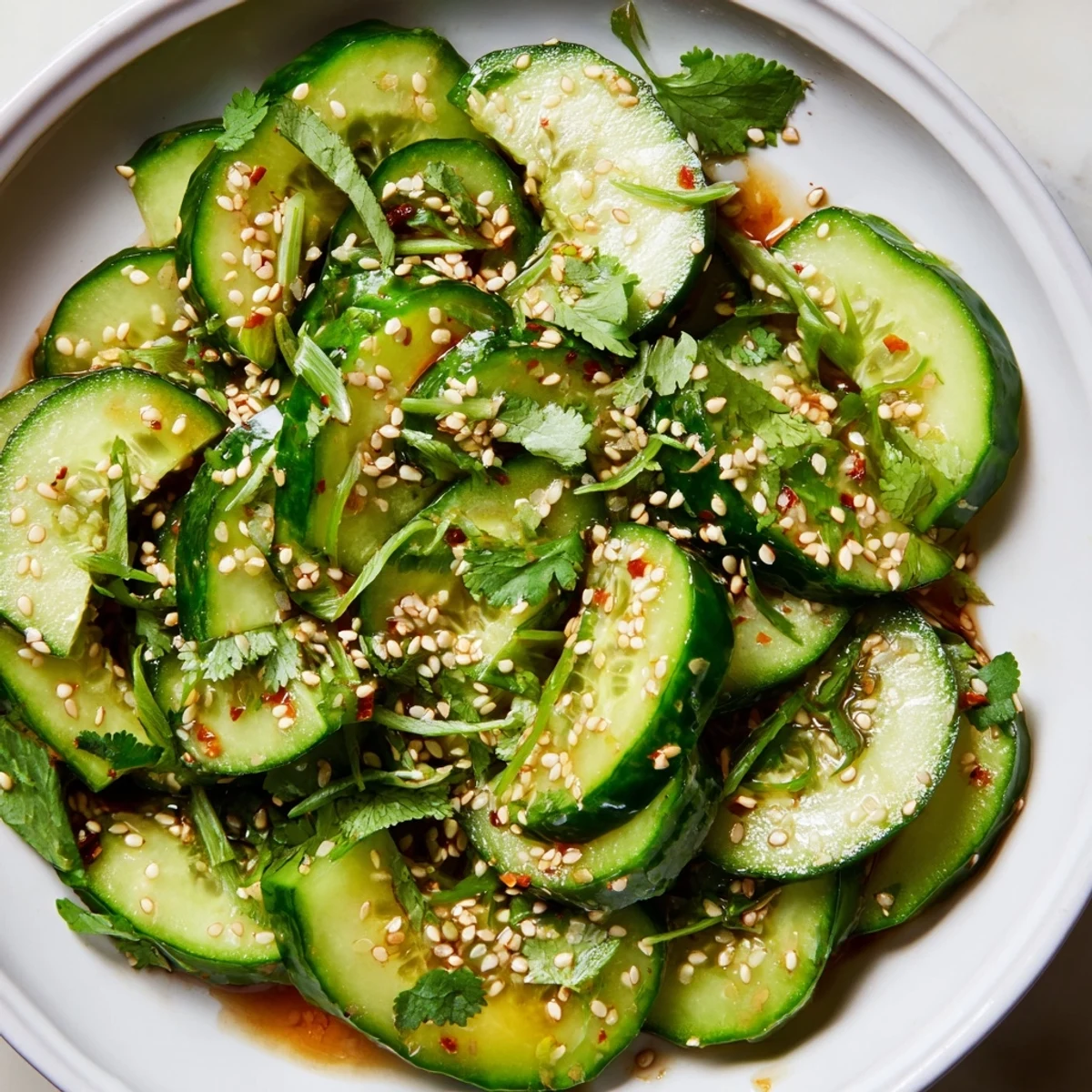 Crisp, cool Zesty Cucumber Salad showcasing thinly sliced cucumbers drenched in delicious, tangy dressing.