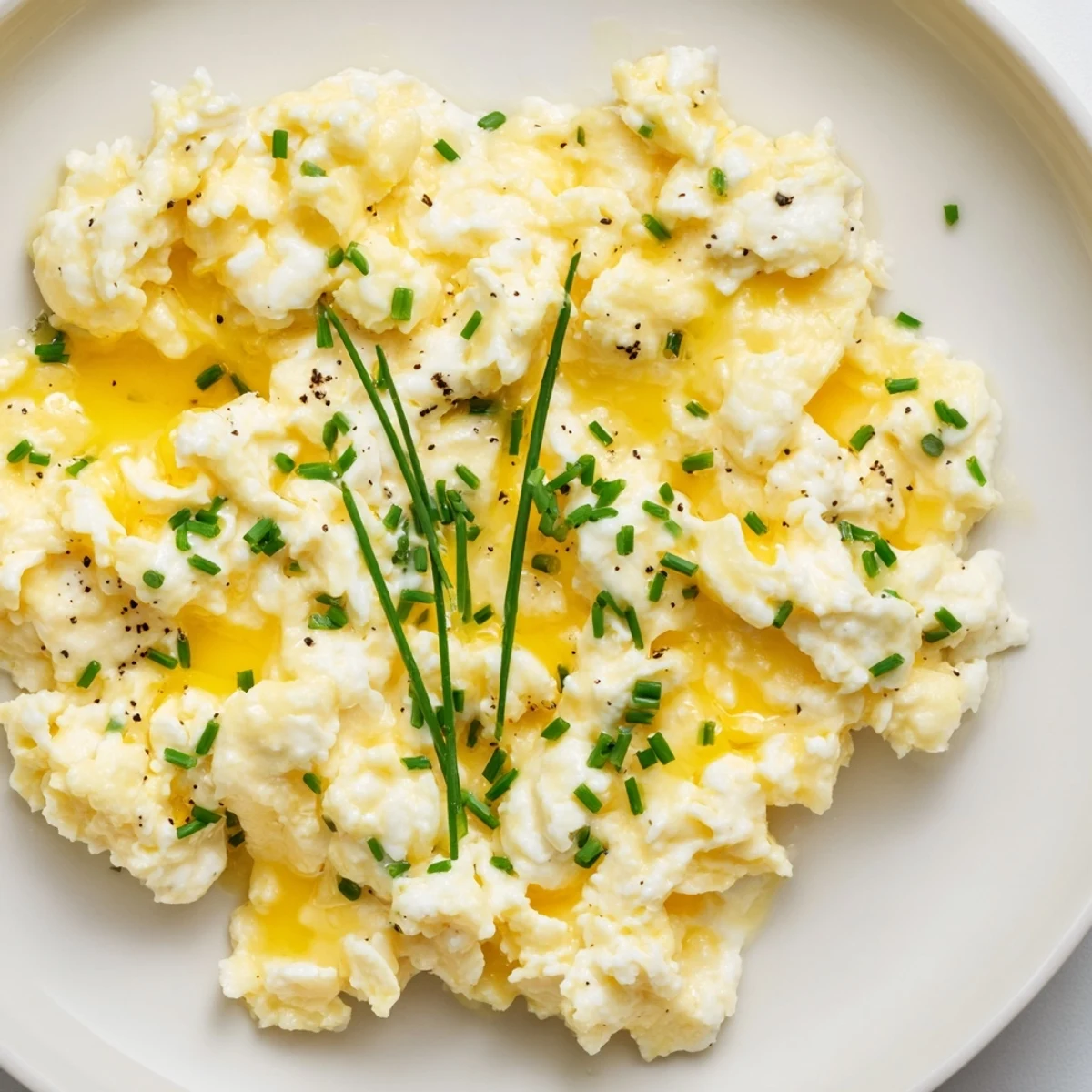 Perfectly cooked Cottage Cheese Scrambled Eggs, light and airy, are pictured with a dusting of fresh chives.