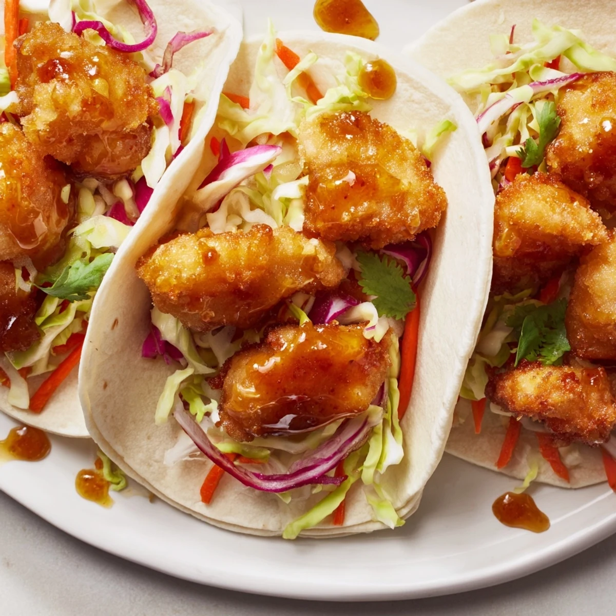 Golden crispy Hot Honey Chicken Tacos, drizzled with spicy honey and featuring fresh cilantro and cool slaw.