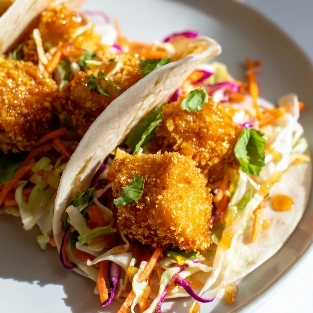 Warm tortillas holding juicy, golden-fried Hot Honey Chicken Tacos with a sweet and spicy kick.