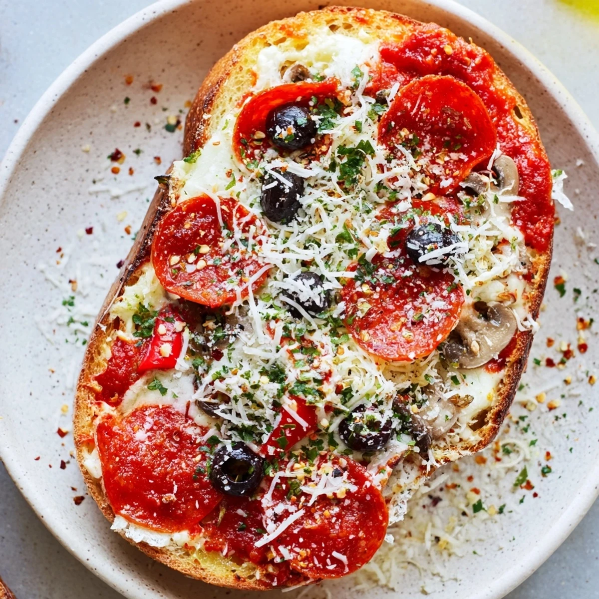 Air Fryer Pizza Toast: Golden, bubbly cheese melts atop crispy bread, perfect for a quick lunch.