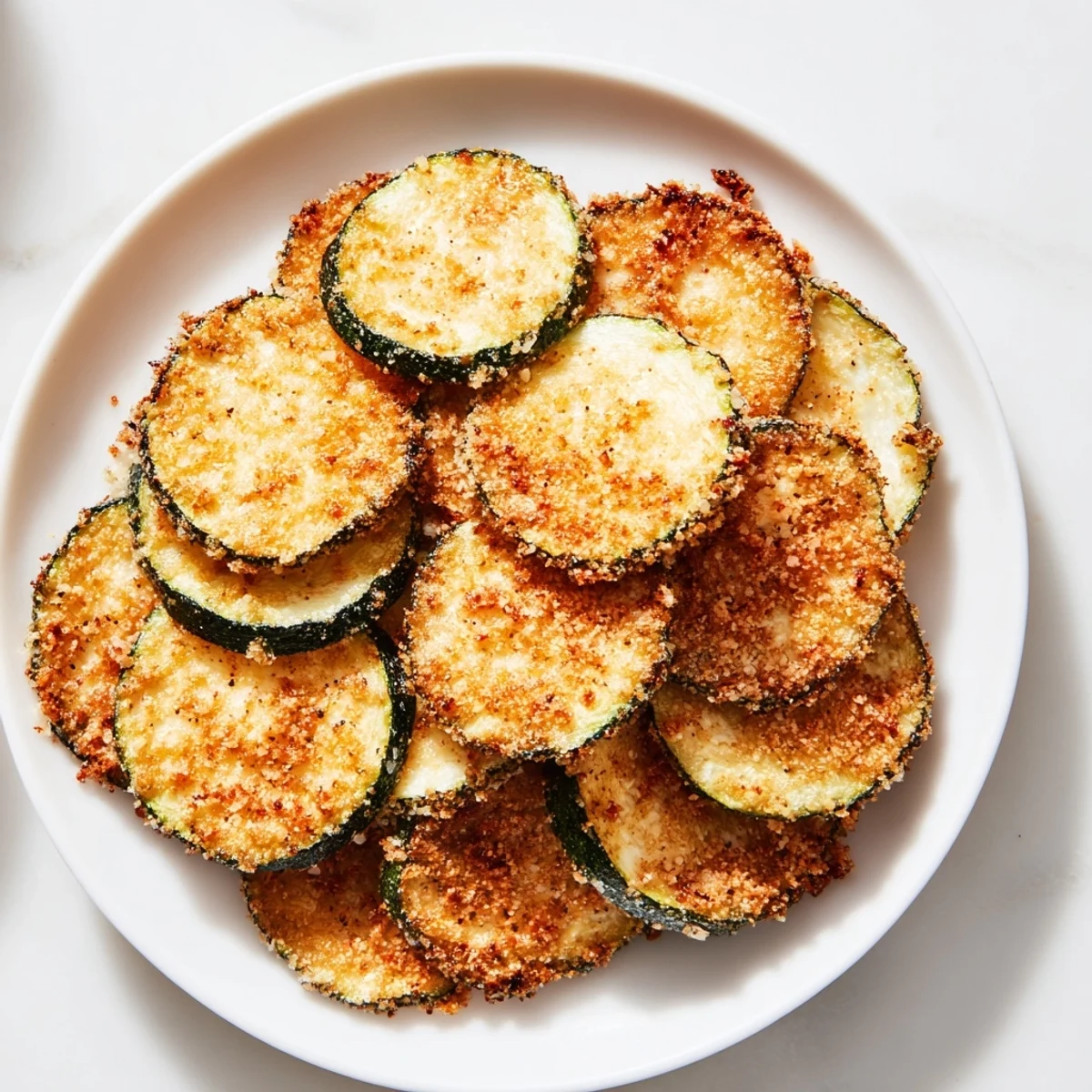 Golden brown Zucchini Chips Swap, crispy from the air fryer, perfect for dipping in marinara sauce.
