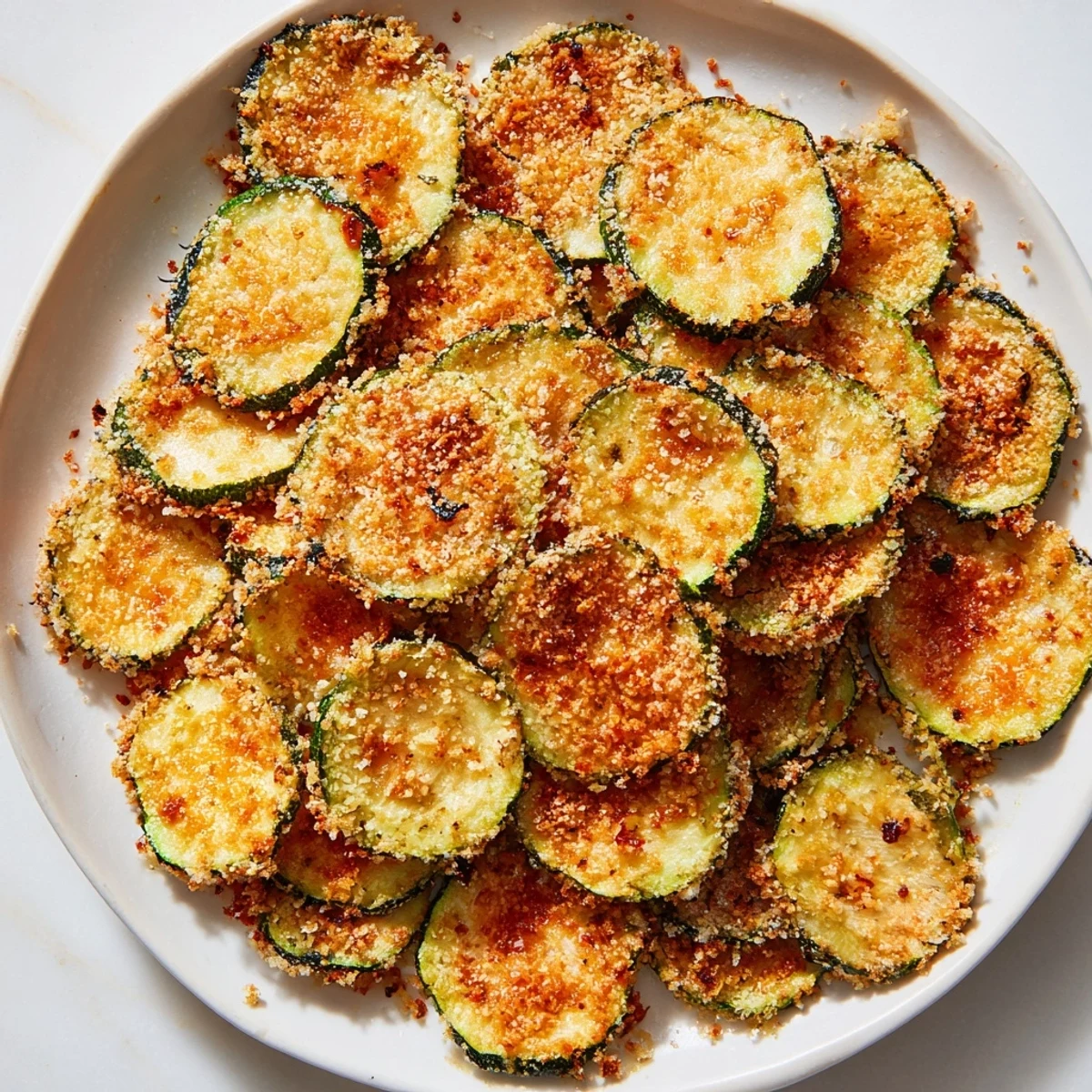 A close-up shot of seasoned, air-fried Zucchini Chips Swap, offering a satisfying crunch with every bite.