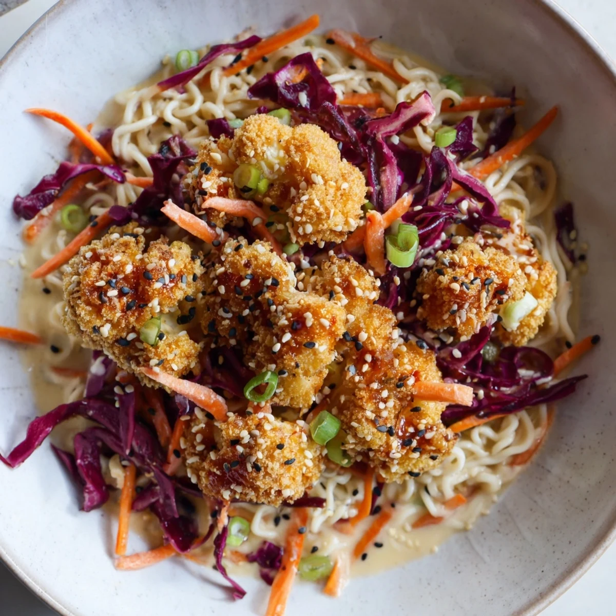Steaming bowl of Chaos Cooking Buffalo Cauliflower Ramen with vibrant toppings and buffalo-glazed cauliflower for a flavorful meal.