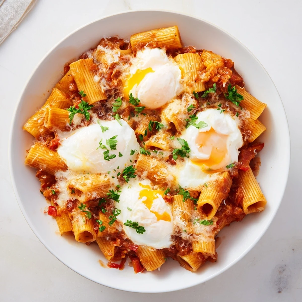 Shakshuka Baked Pasta bursting with vibrant red sauce and perfectly poached eggs ready to serve.