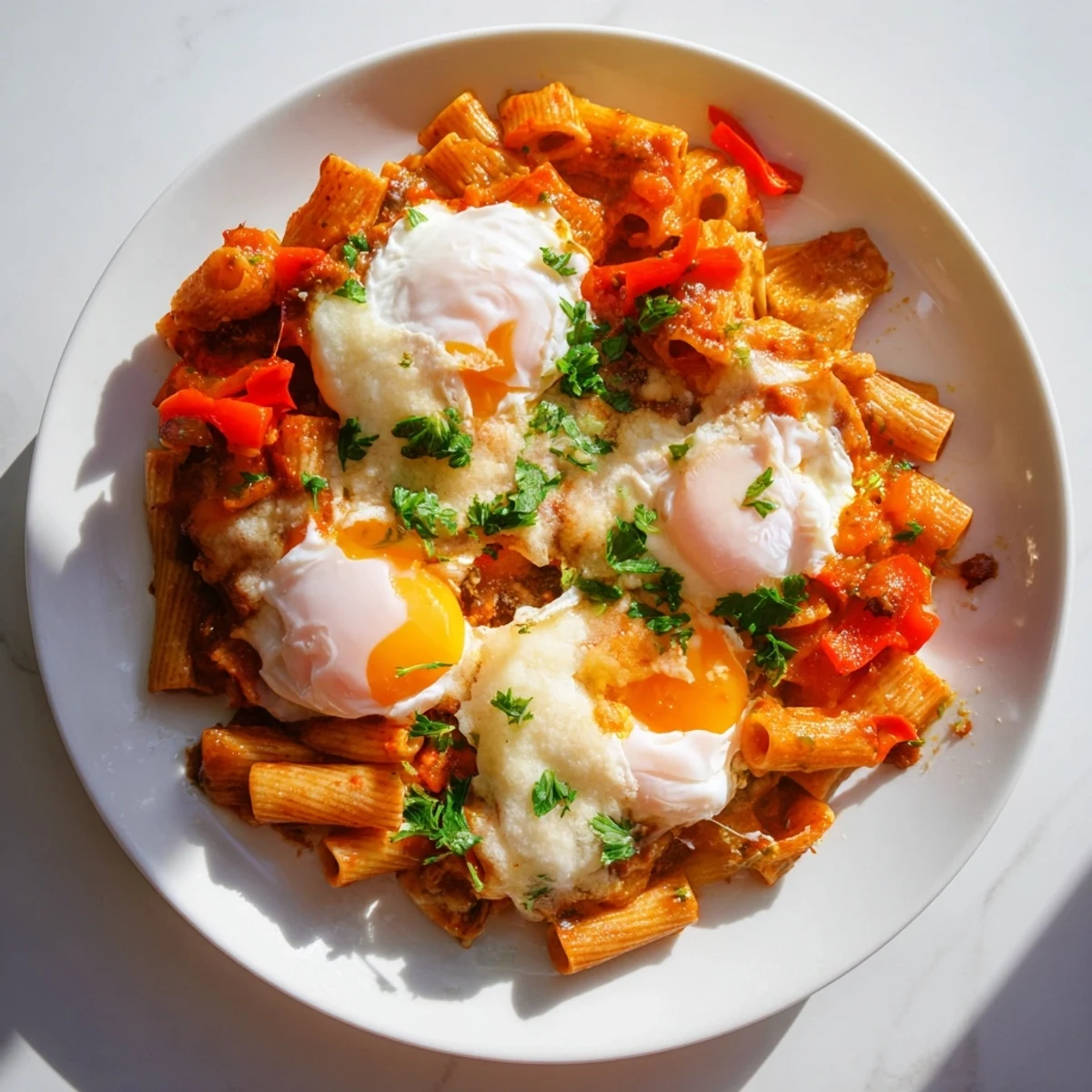 Golden brown Shakshuka Baked Pasta with a runny egg nestled in a rich tomato sauce, enticing flavors.