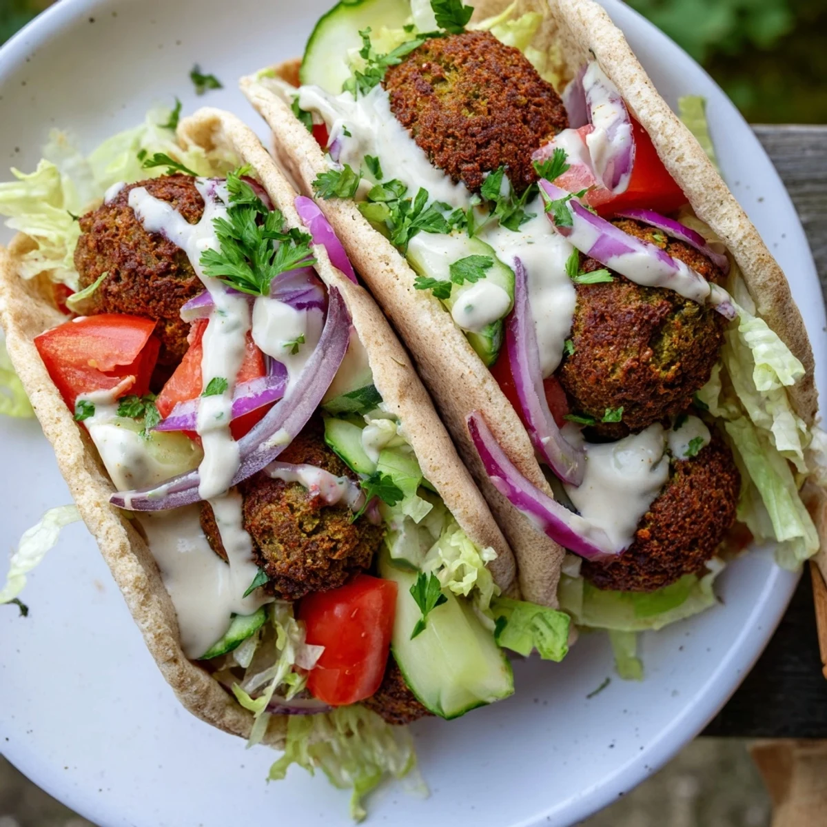 A close-up shot of crispy, golden falafel nestled in a Falafel Pita Pocket, ready to eat.