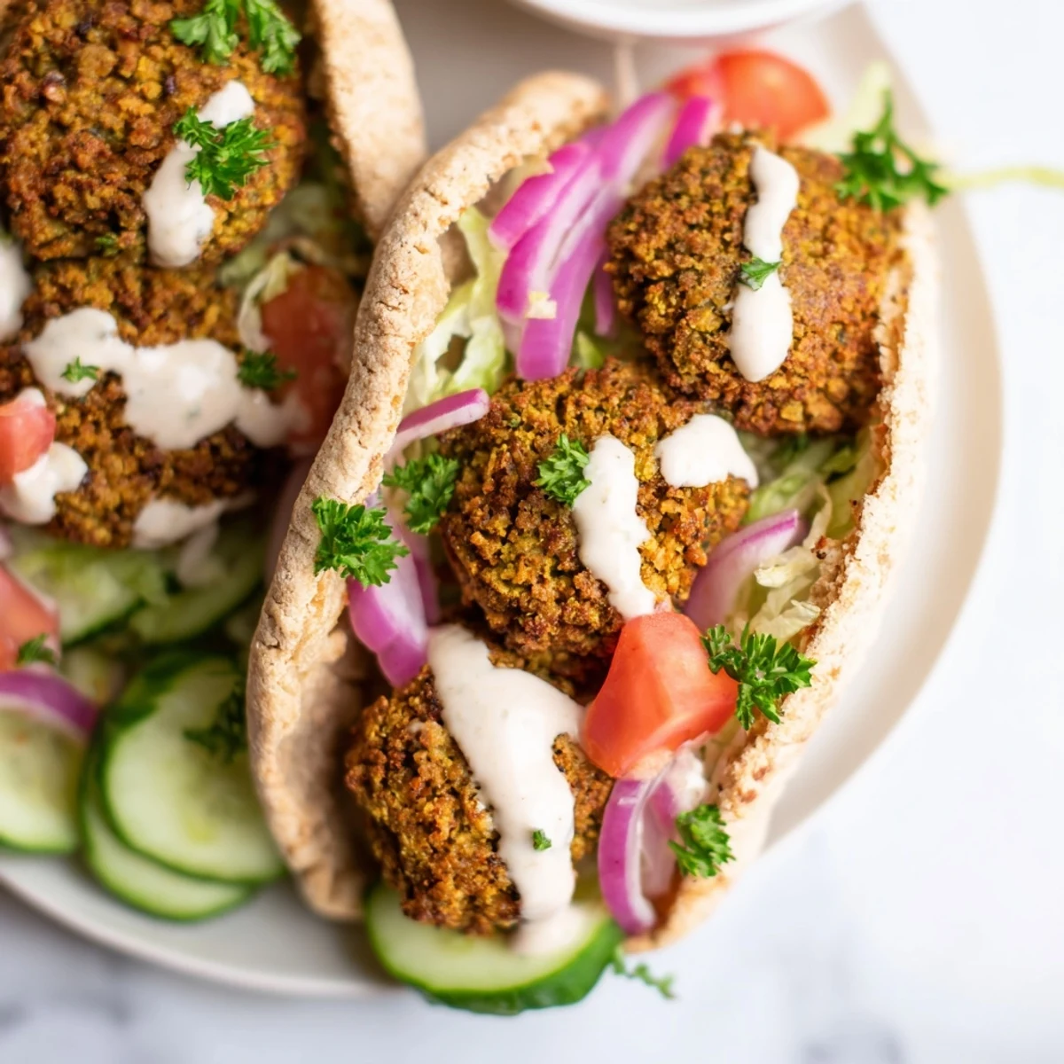 Warm pita bread generously overflowing with a delicious Falafel Pita Pocket, filled with fresh vegetables, and tahini.