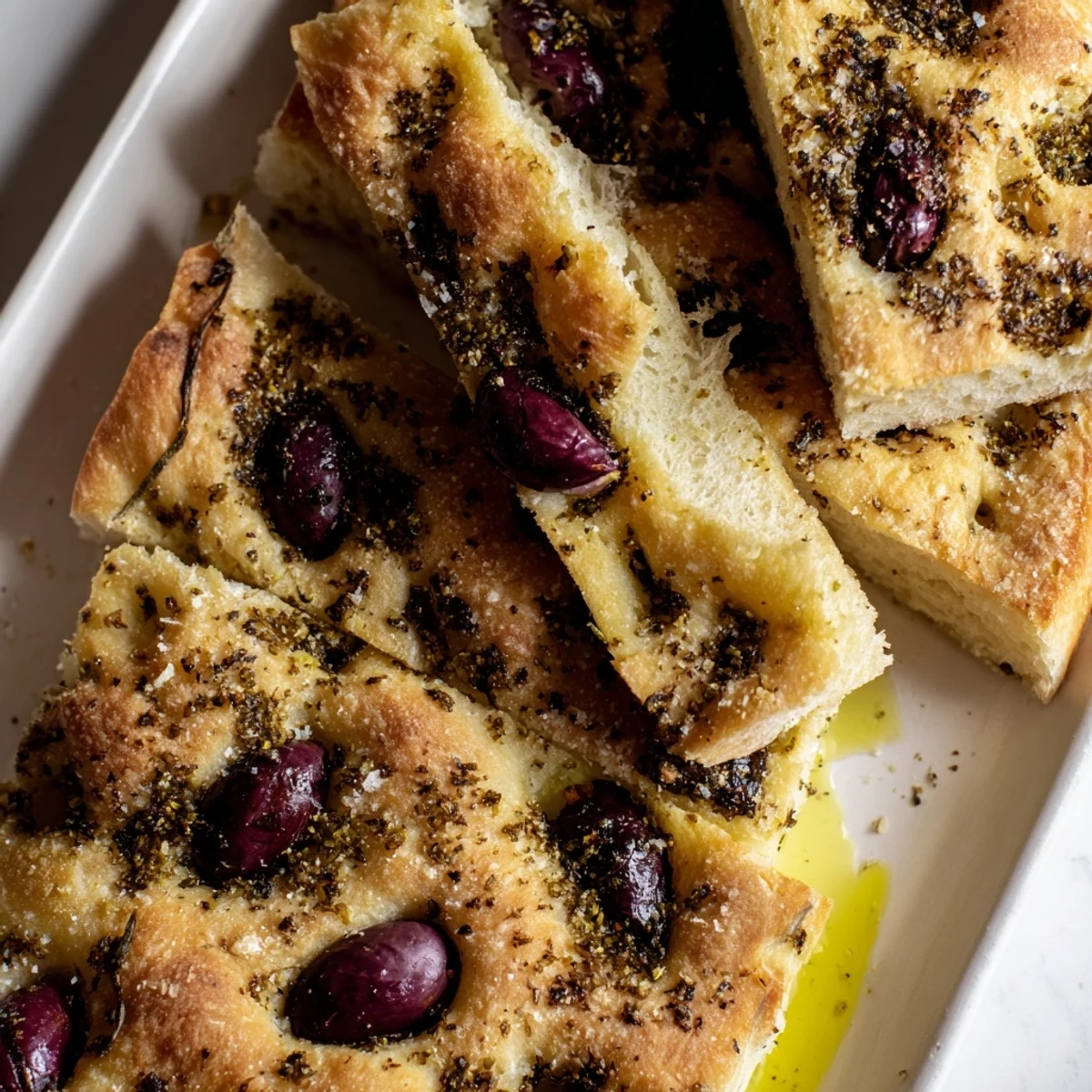 Warm, crispy Zaatar Olive Focaccia with a generous sprinkle of zaatar spice and flaky salt.