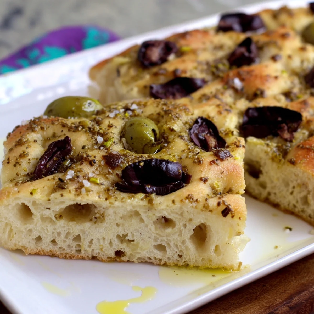 Enjoy the inviting aroma of this freshly baked Zaatar Olive Focaccia, a savory Middle Eastern bread.
