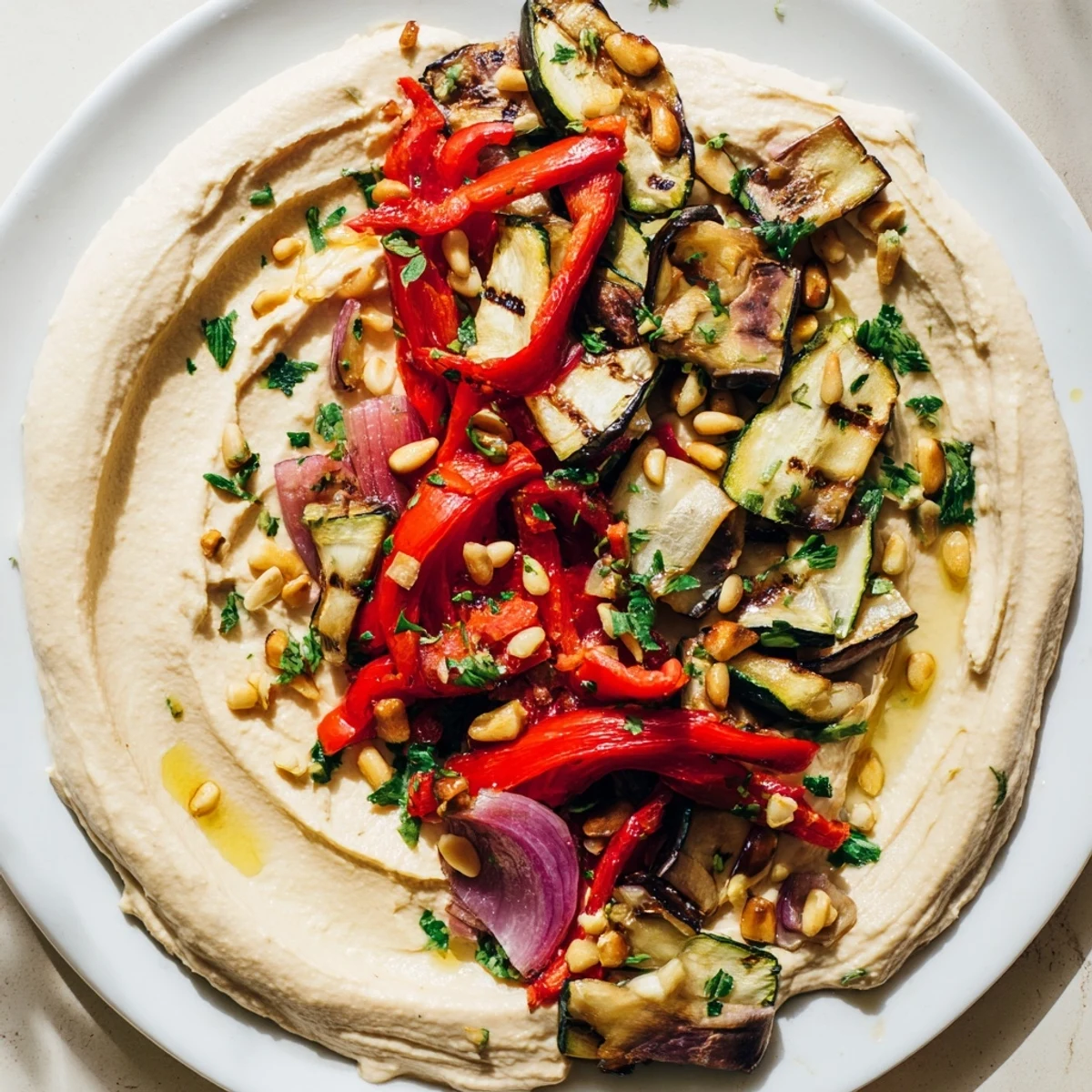 Vibrant Hummus Roasted Veggies, with beautifully charred veggies topping creamy hummus, ready to serve.