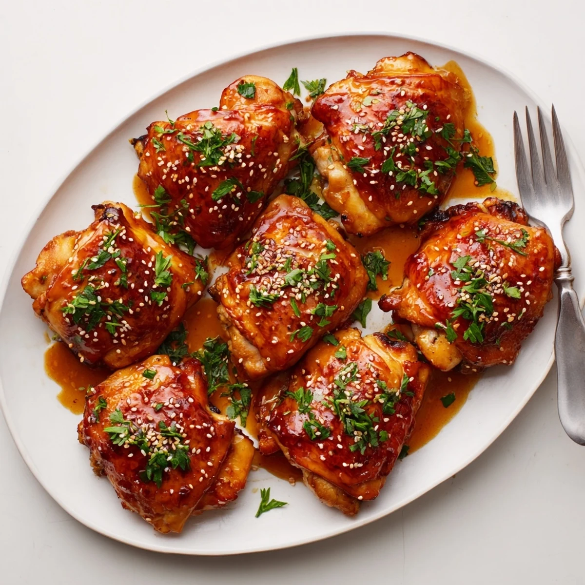 A close-up of honey garlic glazed chicken in a skillet, glossy soy-honey sauce clinging to the meat, with steam rising.